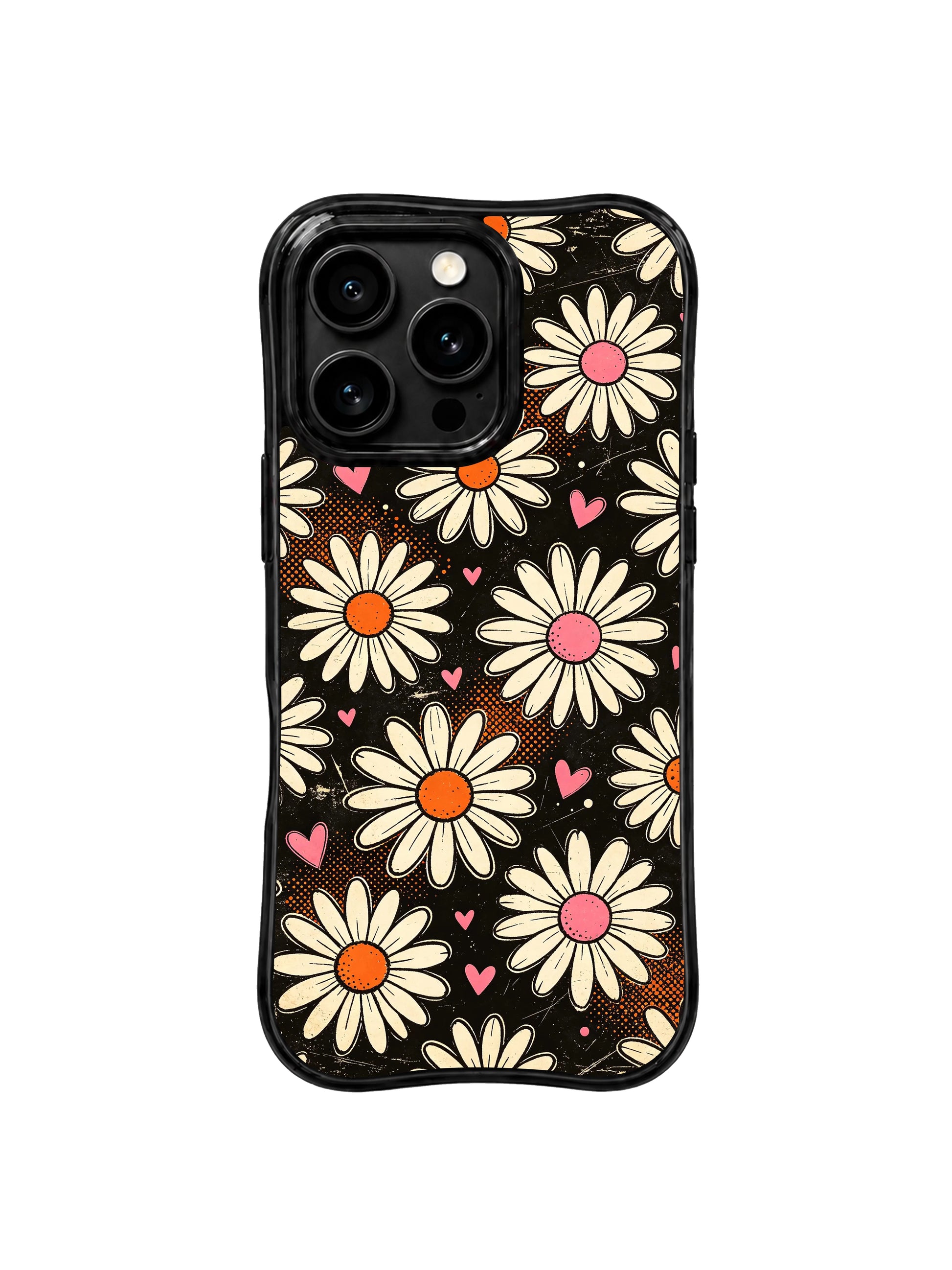 PhoneCasing iPhone 16 pro Case with nostalgic worn vintage print wall poster composition built on textured grain matte black base freely scattered cream daisy pink heart orange dot silhouettes, exclusive Ruby Daze artist collab heavy-duty protective art case.