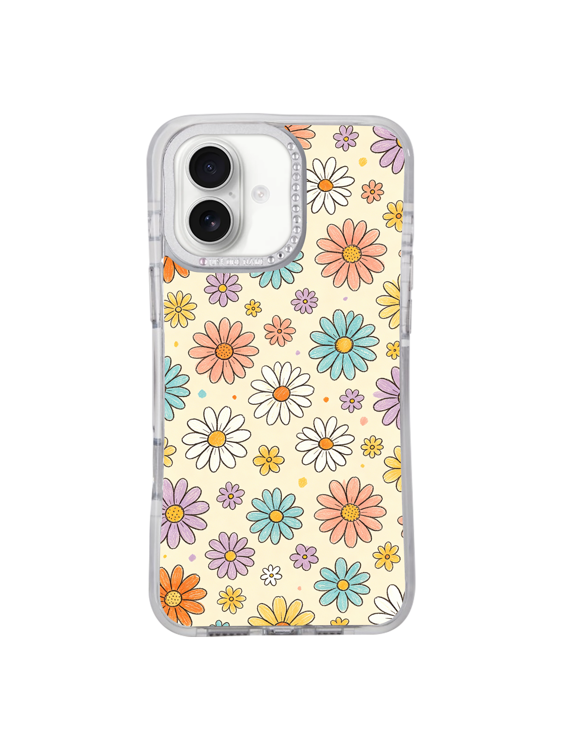 PhoneCasing pale cream seamless multi-tone daisy iPhone 17 casing design from artist Solea Meadow Cream Color Daisy Parade, scattered orange pink mint lavender and white flower clusters with subtle hand-drawn crayon grain for warm vintage feminine aesthetic.
11