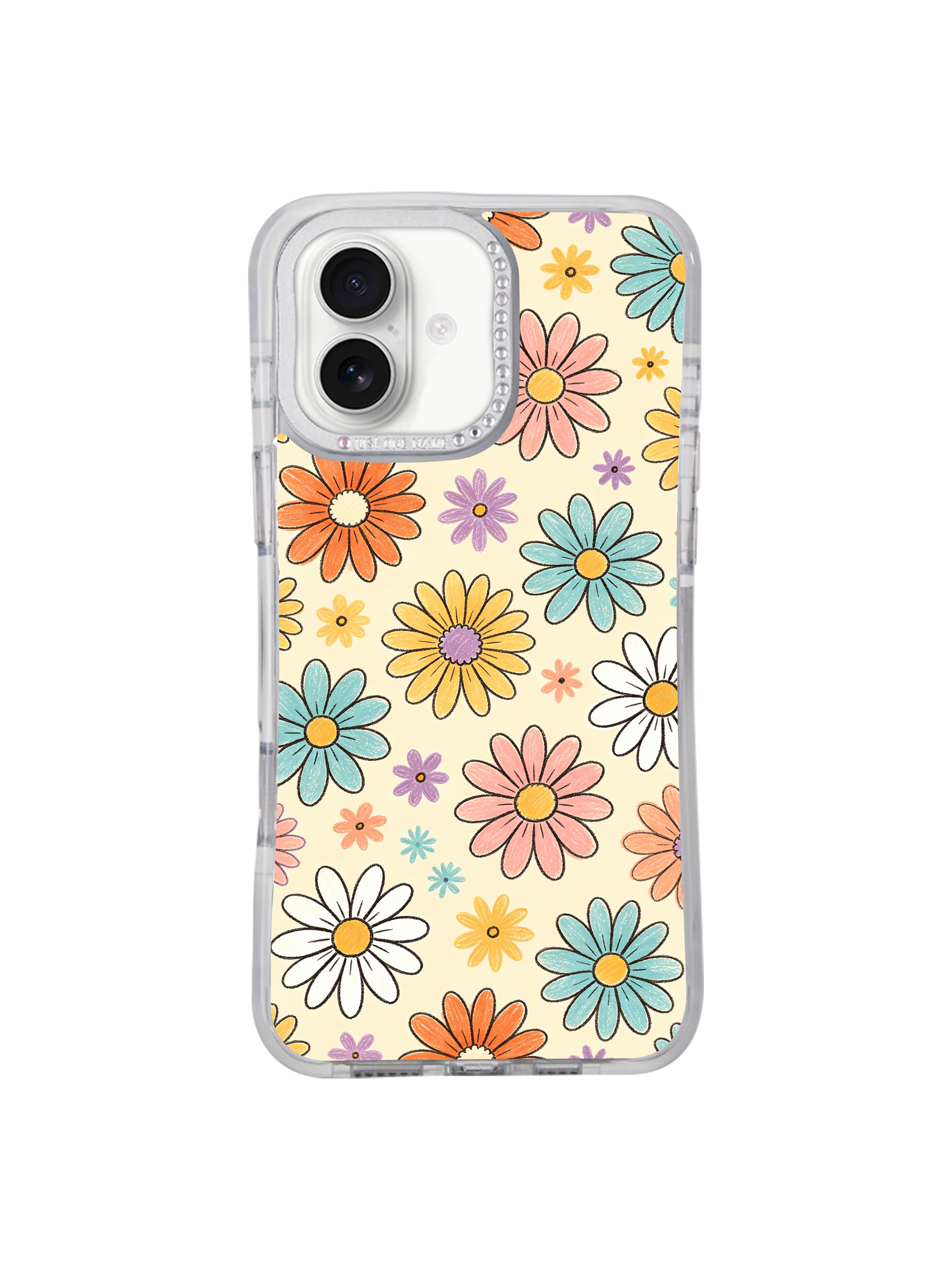 PhoneCasing pale cream seamless multi-tone daisy iPhone 17 casing design from artist Solea Meadow Cream Color Daisy Parade, scattered orange pink mint lavender and white flower clusters with subtle hand-drawn crayon grain for warm vintage feminine aesthetic.