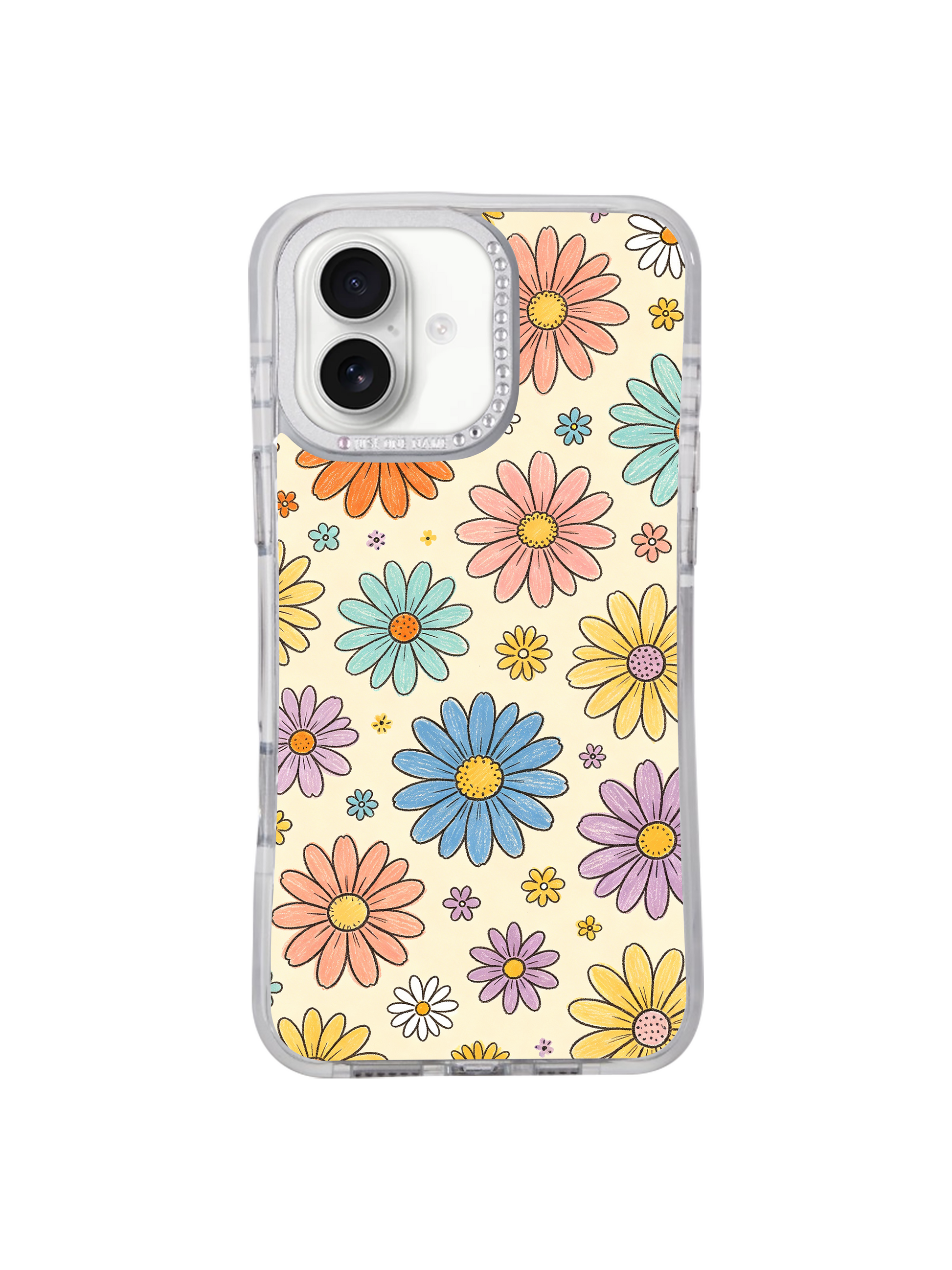 PhoneCasing customizable joyful fine art iPhone 17 casing Cream Color Daisy Parade hand-drawn by Solea Meadow, pale cream vintage background with whimsical mixed pastel daisy blooms, bespoke personalized art edits available on our domestic California factory protective case.