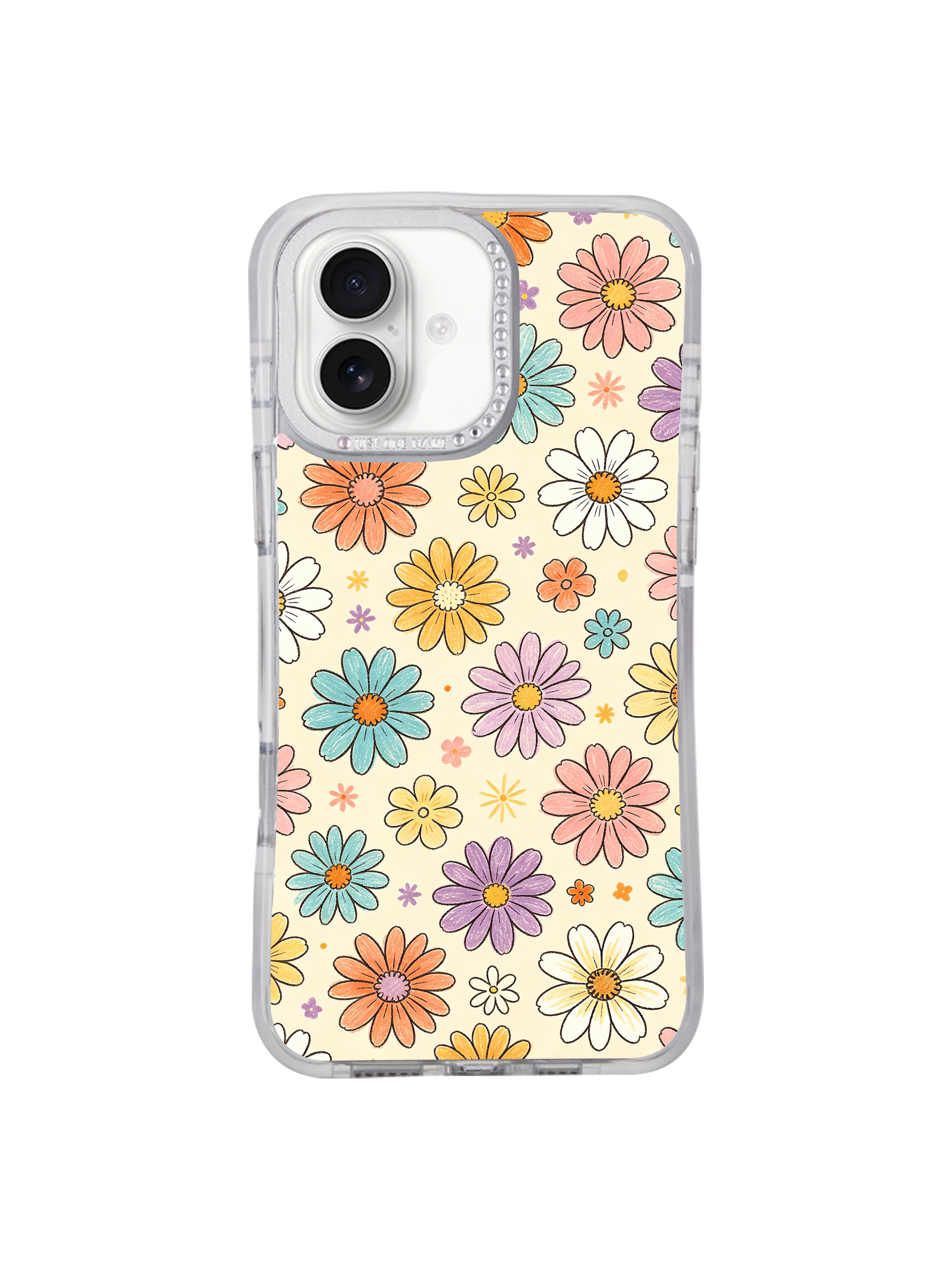 PhoneCasing vintage hand-drawn wearable art iPhone 17 case featuring Solea Meadow’s Cream Color Daisy Parade design, scattered multi-color daisy sticker seamless pattern, high aesthetic iPhone 17 casing fully compatible with the full 2026 iPhone 17 product lineup.