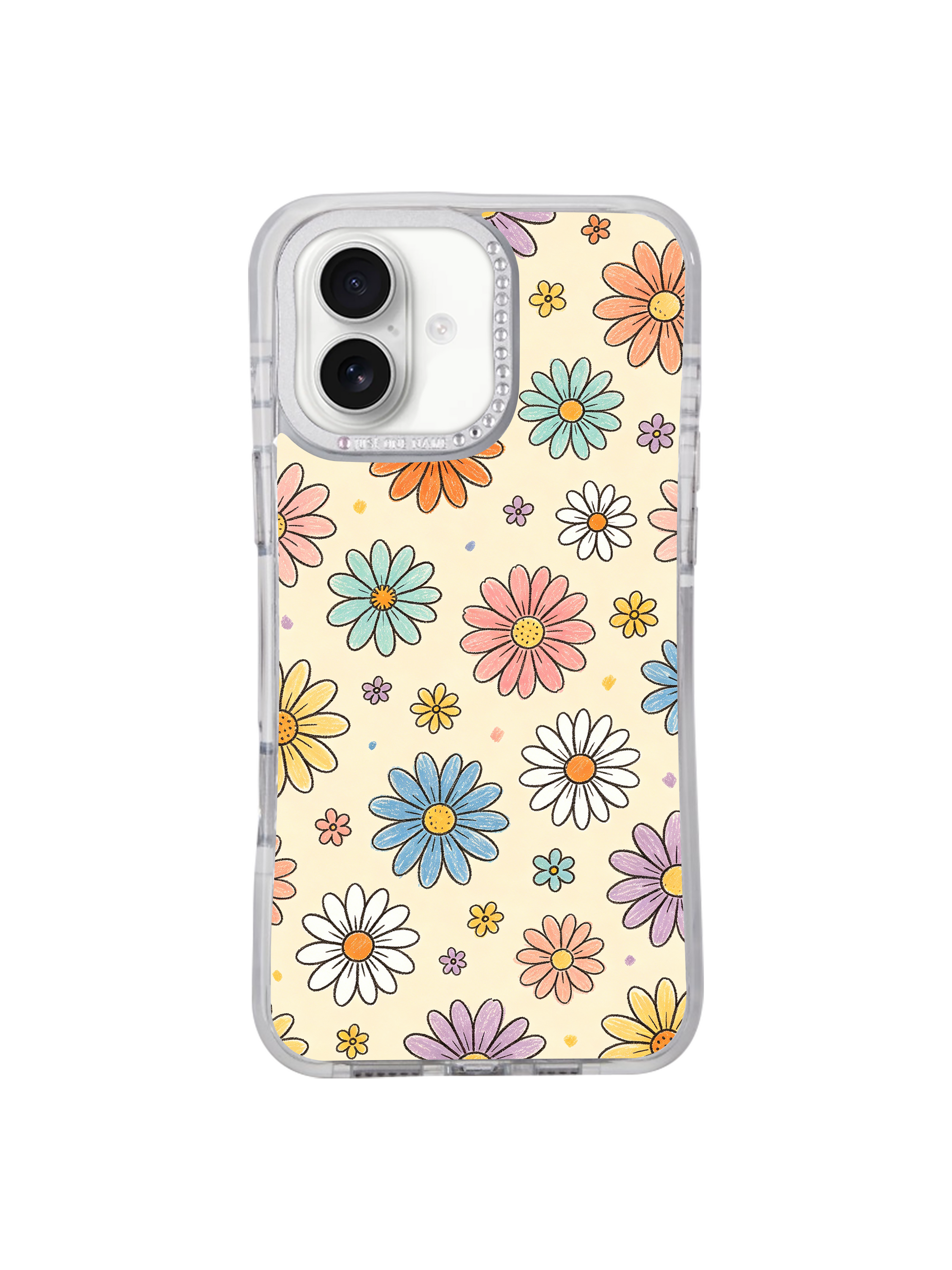 PhoneCasing uplifting joyful artistic gift iPhone 17 casing Cream Color Daisy Parade, old journal sticker style multi-color daisy field print by Solea Meadow, cheerful free-spirited wearable art gift for birthdays, spring holidays and self-care for new iPhone 17 users.
8