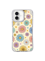 PhoneCasing slim lightweight botanical iPhone 17 Air casing Cream Color Daisy Parade, complete front back side hourglass protective frame mockup display, warm retro pastel daisy wearable fine art phone cover.