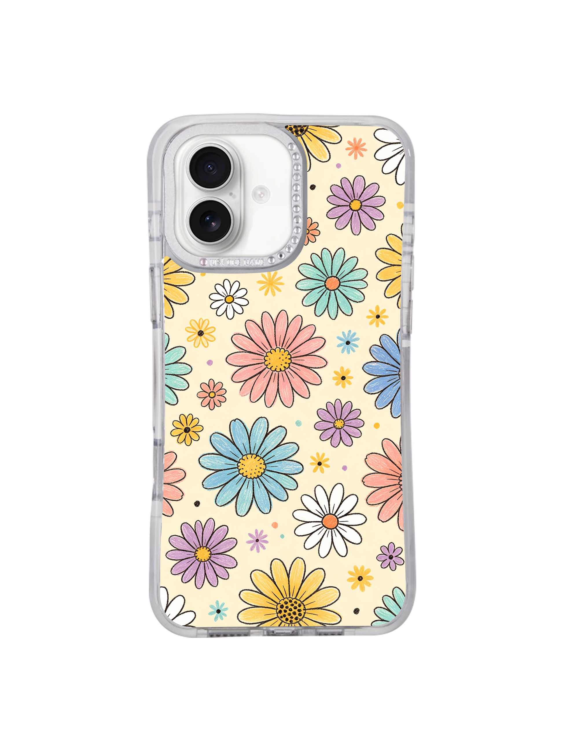 PhoneCasing slim lightweight botanical iPhone 17 Air casing Cream Color Daisy Parade, complete front back side hourglass protective frame mockup display, warm retro pastel daisy wearable fine art phone cover.
