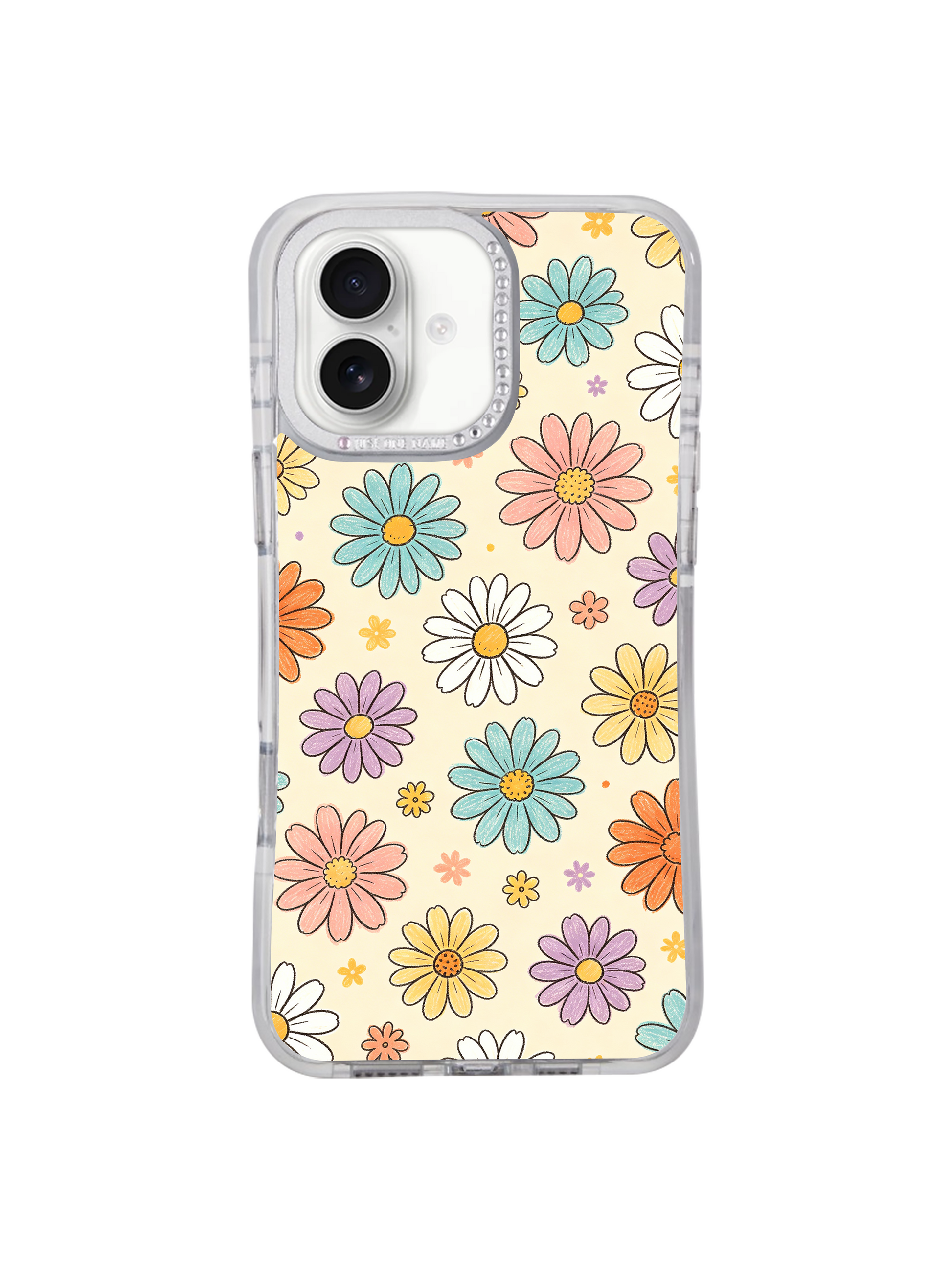 PhoneCasing whimsical illustrated iPhone 17 Pro Max casing Cream Color Daisy Parade, joyful free-spirited pastel daisy sticker print on warm cream background, fast US domestic shipping for women who love retro hand-drawn floral stationery style.
