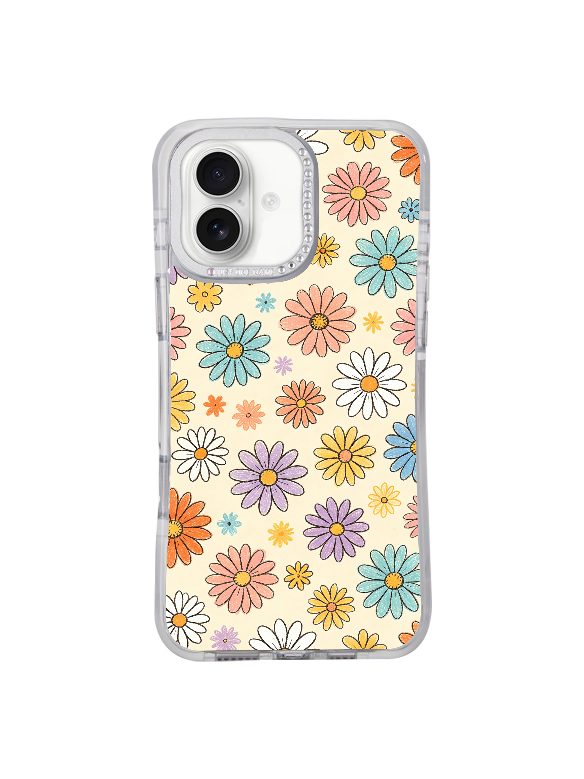 PhoneCasing scratch-resistant long-lasting iPhone 17 casing Cream Color Daisy Parade by Solea Meadow, macro shot of thick silicone reinforced anti-collision corner, fade-free gallery pigment preserving soft crayon hand-drawn texture.