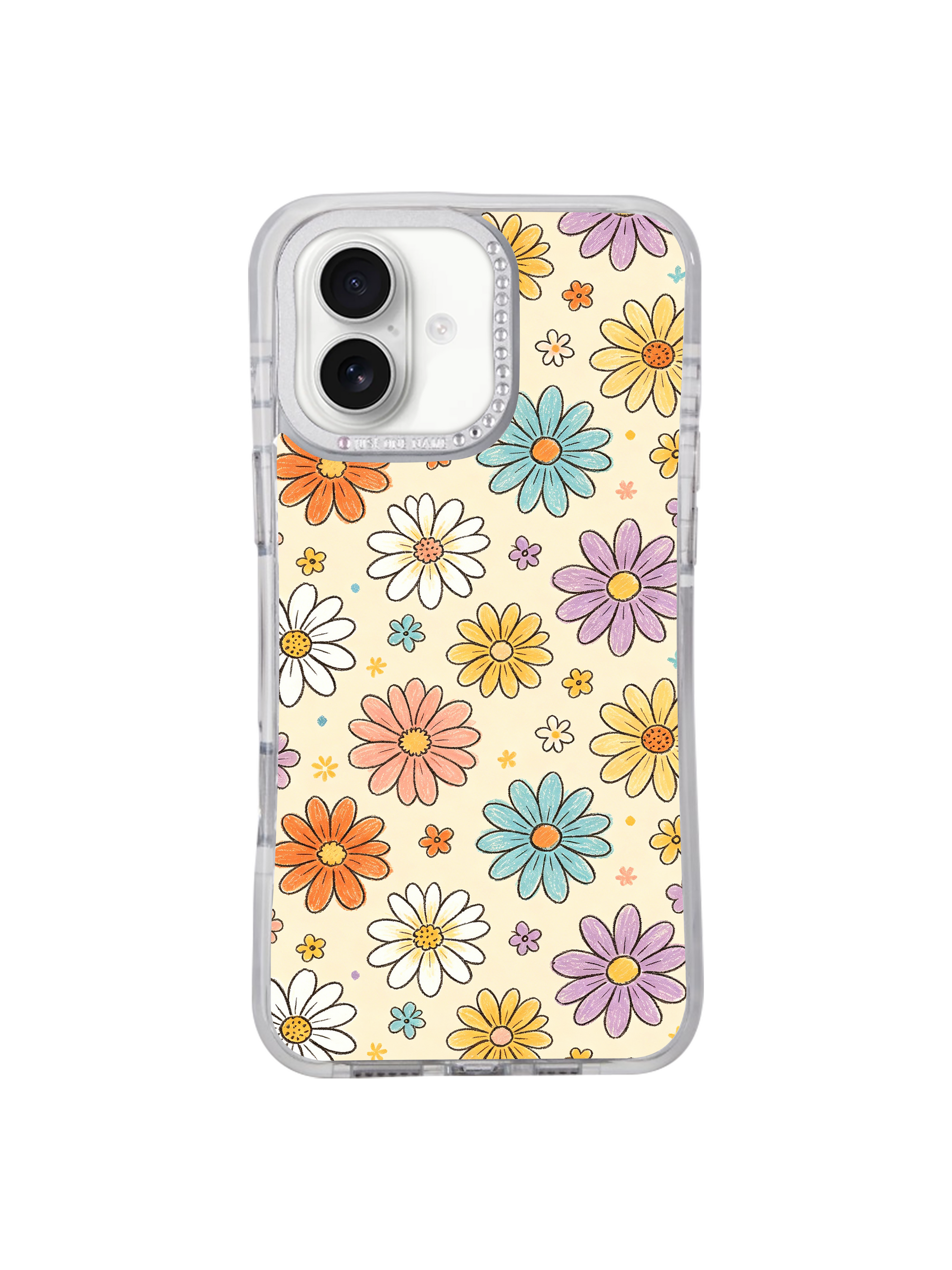PhoneCasing uplifting joyful artistic gift iPhone 17 casing Cream Color Daisy Parade, old journal sticker style multi-color daisy field print by Solea Meadow, cheerful free-spirited wearable art gift for birthdays, spring holidays and self-care for new iPhone 17 users.
