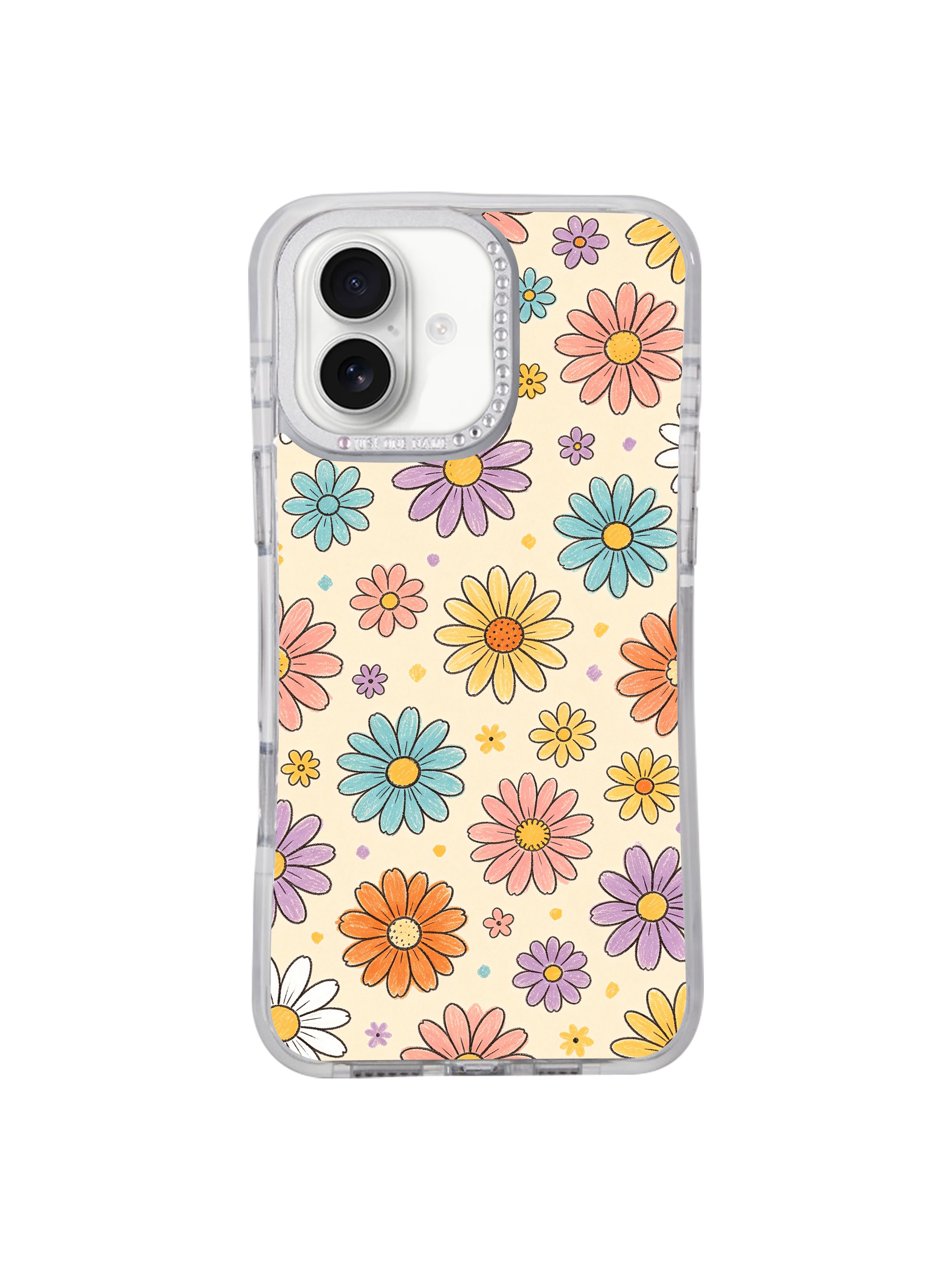 PhoneCasing bright spring wearable art illustrated iPhone 17 Pro Max casing Cream Color Daisy Parade, loose scattered journal sticker daisies symbolizing joy, wonder and freedom, everyday luxury wearable art for cheerful young coquette aesthetic women.