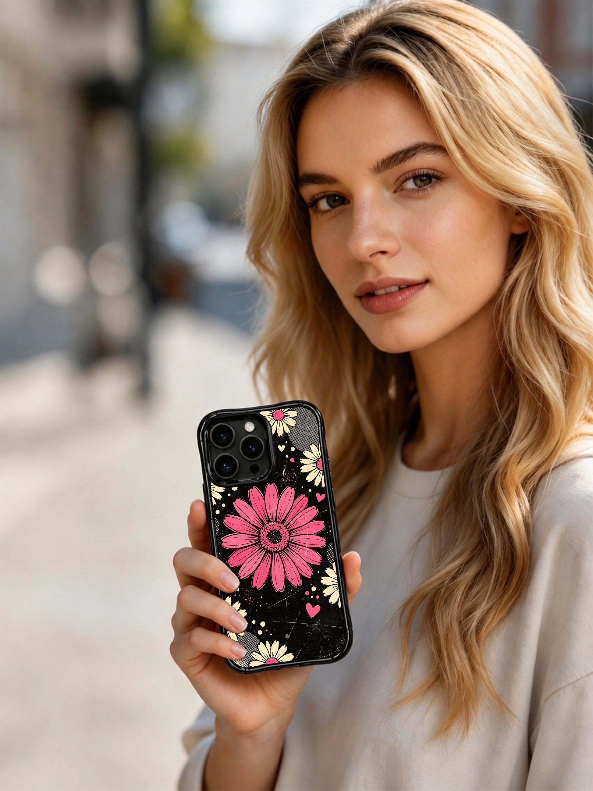 PhoneCasing iPhone 16 pro Case with scattered cream small daisies, soft pink cream tiny hearts and halftone speckle accents surrounding central raspberry bloom, part of Ruby Daze collection, fade resistant wavy art casing.