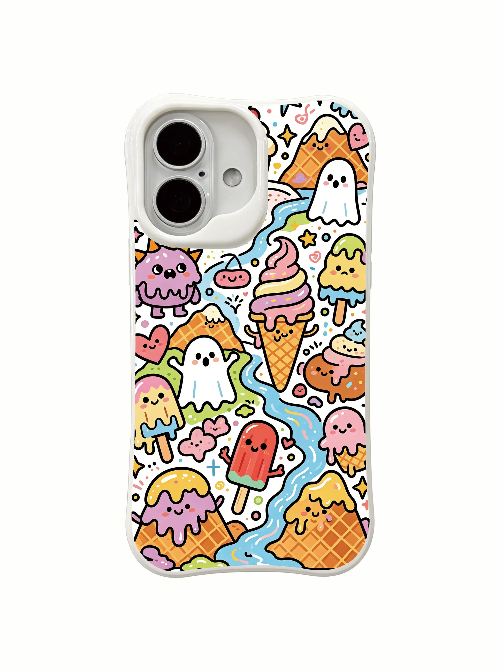 PhoneCasing playful creature design iPhone 16 Plus Case, hand-drawn cream monsters and sweet residents from Ice Cream Valley.