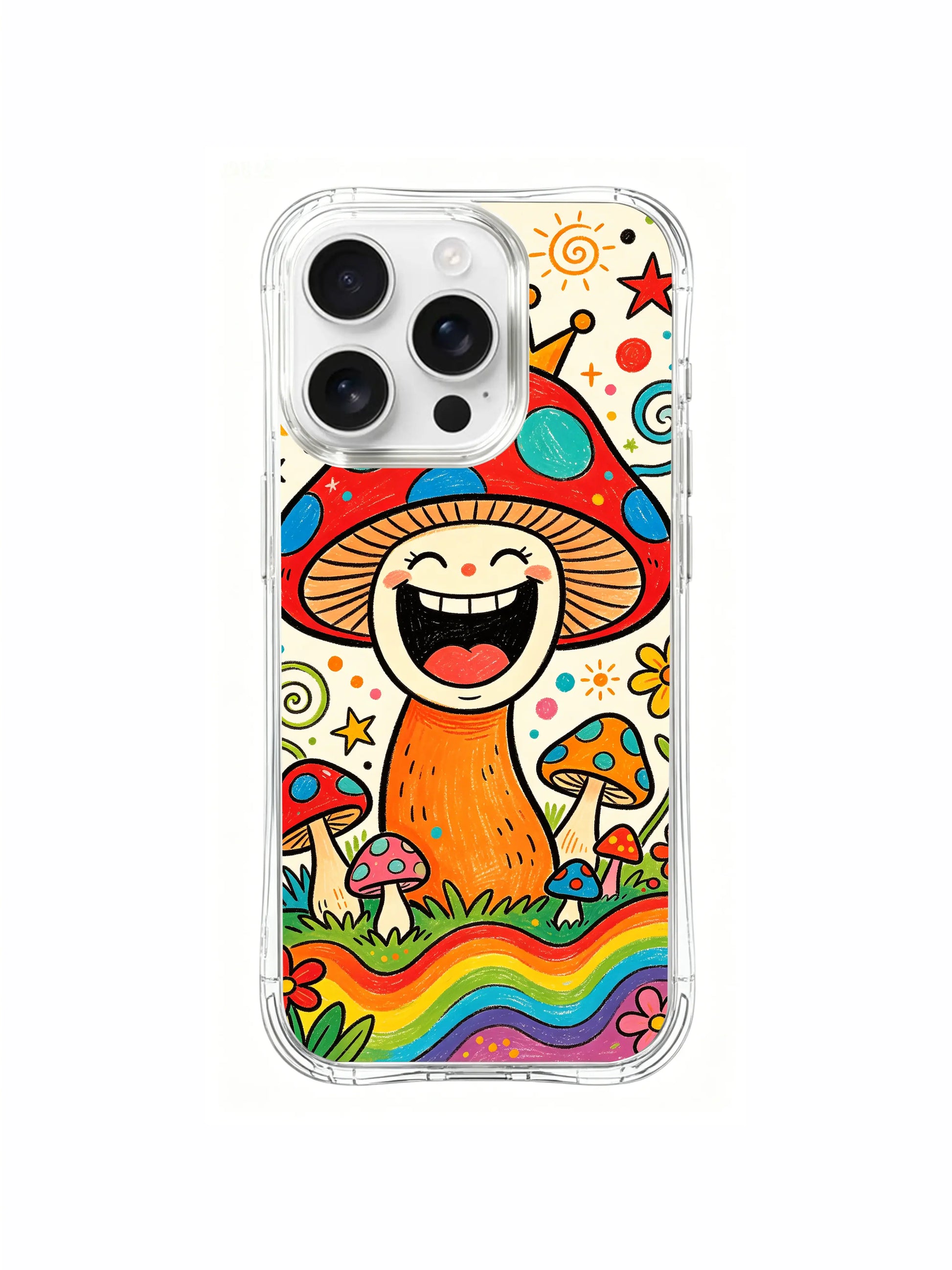 PhoneCasing iPhone 16 pro max Case, soft cream background fine art casing showcasing Luna Moss’s giggling mushroom king, hand-drawn crayon folk art premium made-in-California illustrated casing