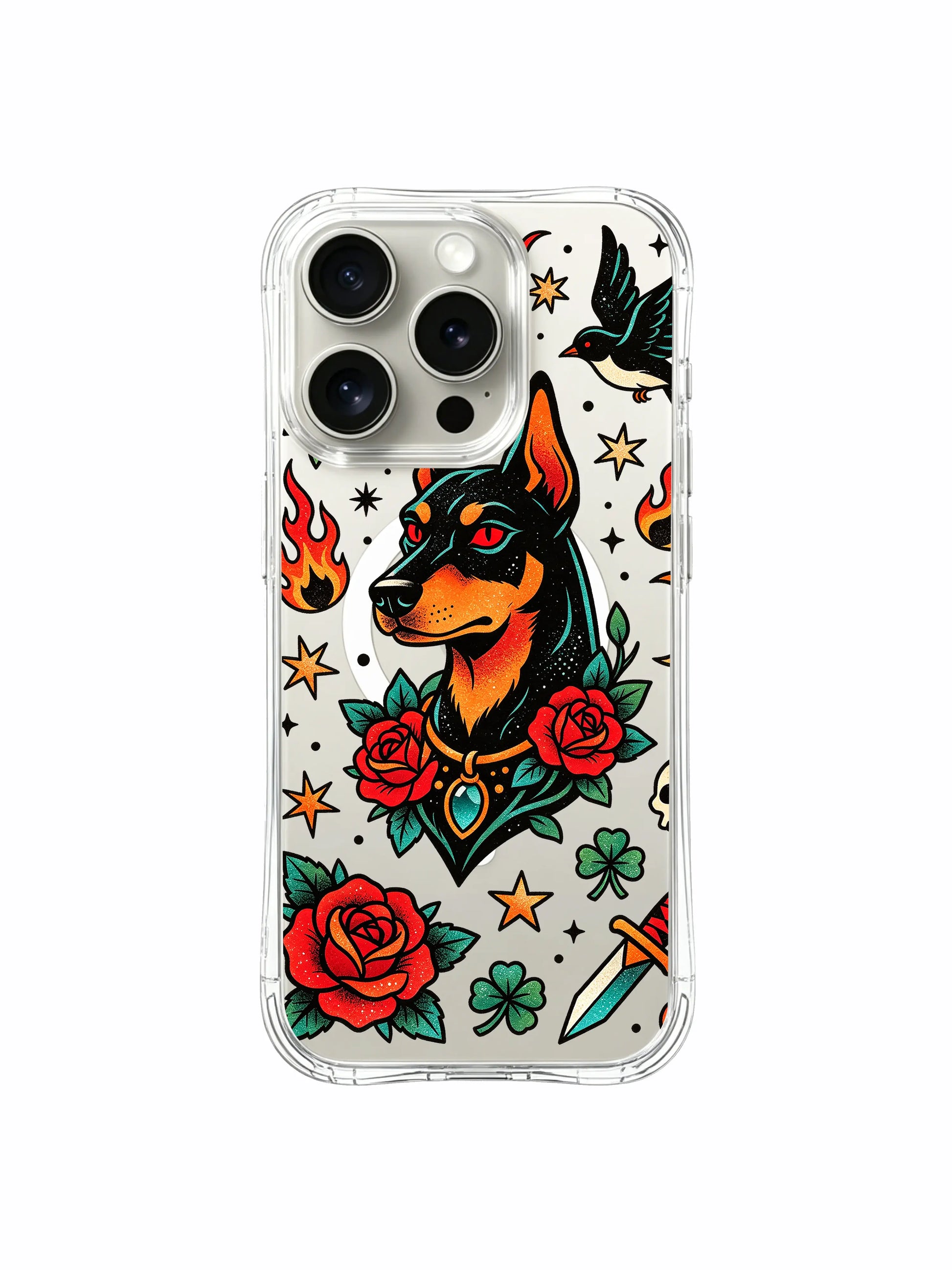 PhoneCasing iPhone 15 pro Case with crescent moon and scattered clover lucky symbols alongside guardian doberman, premium transparent artist collab phone casing.