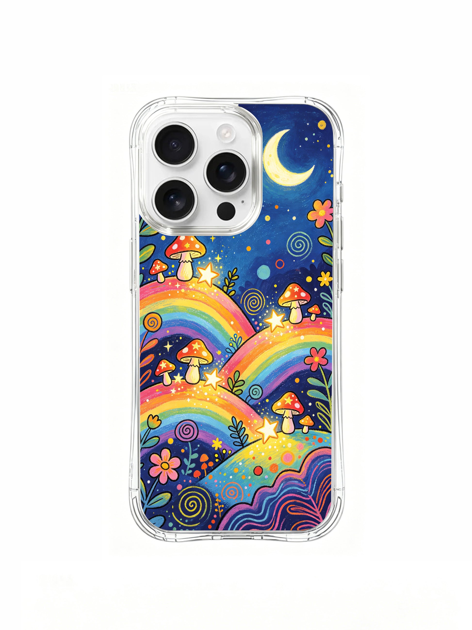 PhoneCasing iPhone 16 pro max Case, limited Luna Moss artist collab clear art case featuring cute amanita mushrooms climbing layered rainbow hills to gather glowing stars under pale crescent moon, retro 70s psychedelic folk doodle style with swirling vine florals, scratch-resistant everyday iPhone 16 pro max casing handmade in California.