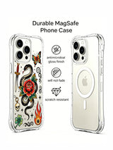 Rose-entwined snake with crescent and dagger artwork on an iPhone 15 Pro case