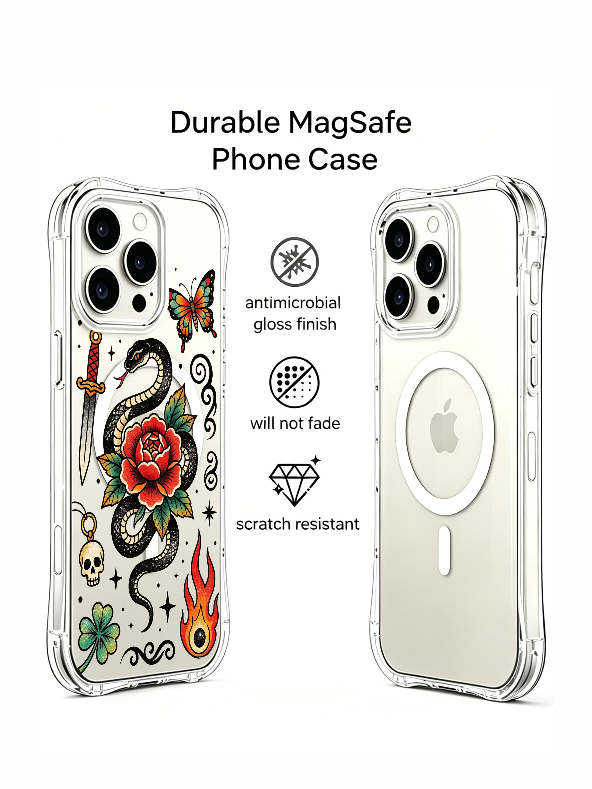 PhoneCasing iPhone 15 pro Case showcasing crescent moon ornament beside rose entwined serpent, vertical vintage dagger layout, scratch-resistant transparent art iPhone 15 pro casing made locally in USA.