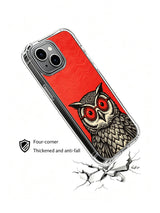 Angled owl case above a cracked-surface illustration
