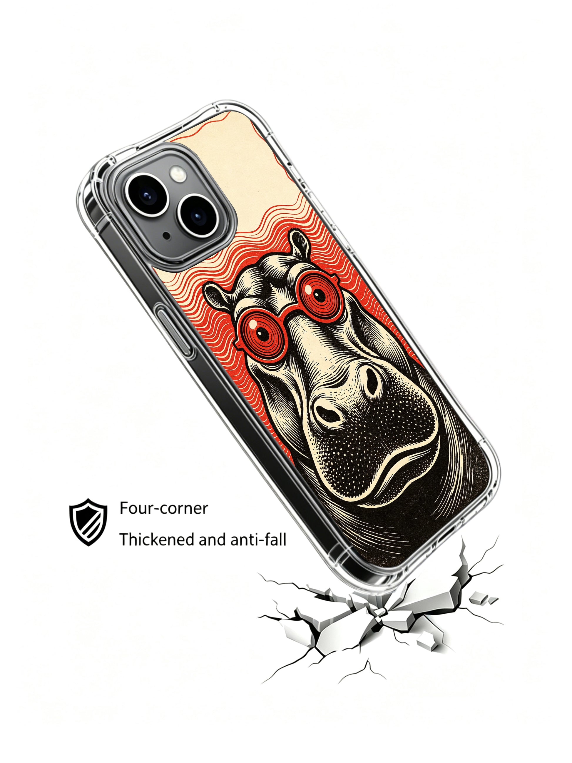 Calm bulky hippo with red spiral eyewear original Rufus Vale woodcut design for PhoneCasing iPhone 13 Case, curated high-end protective art phone casing manufactured at California factory.