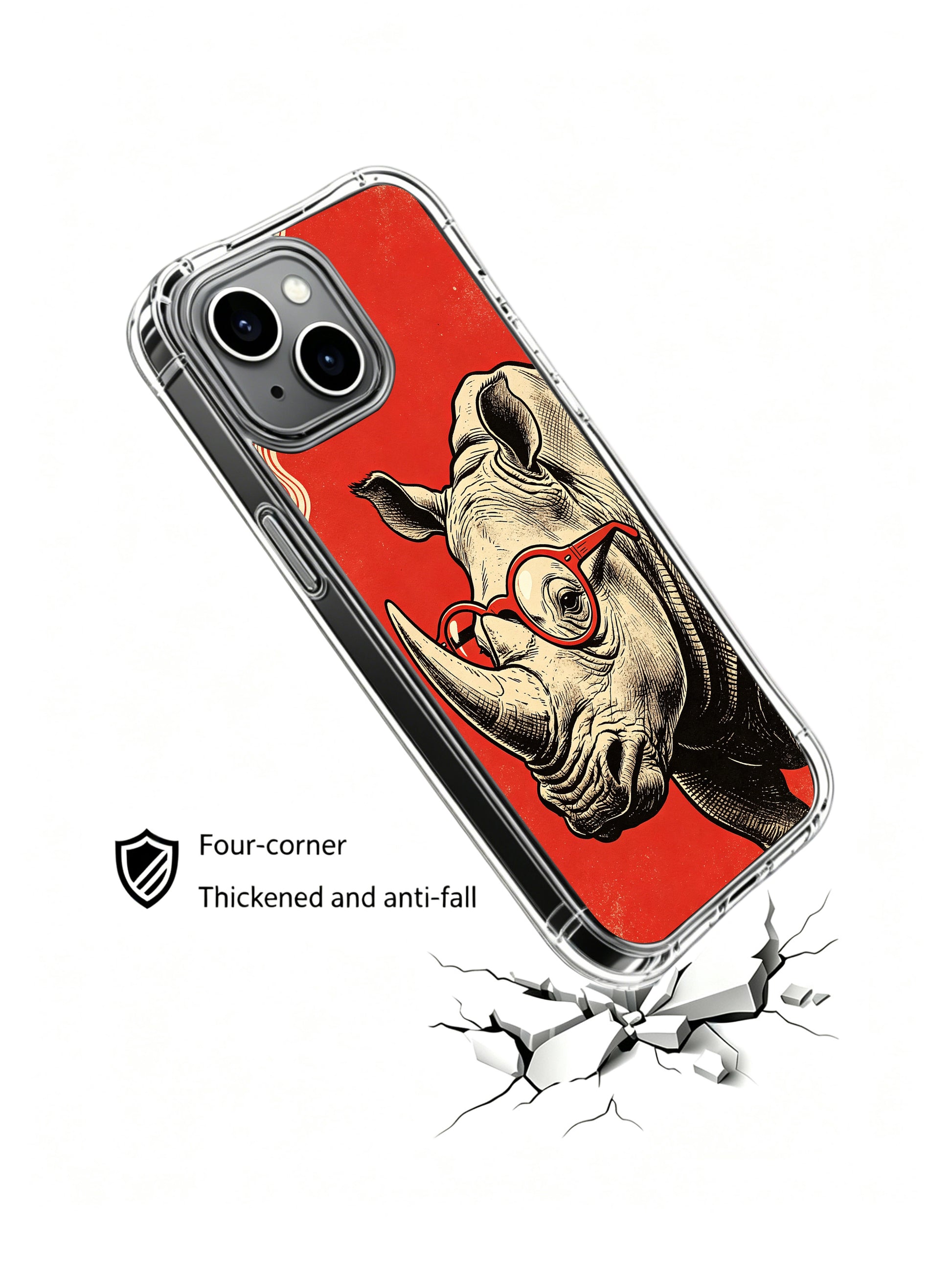 Sculpture vibe red eyeglass rhino original Rufus Vale woodcut design for PhoneCasing iPhone 13 Case, curated high-end protective art phone casing manufactured at California factory.