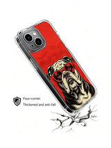 Wrinkled bulldog against crimson swirls artwork on an iPhone 13 case