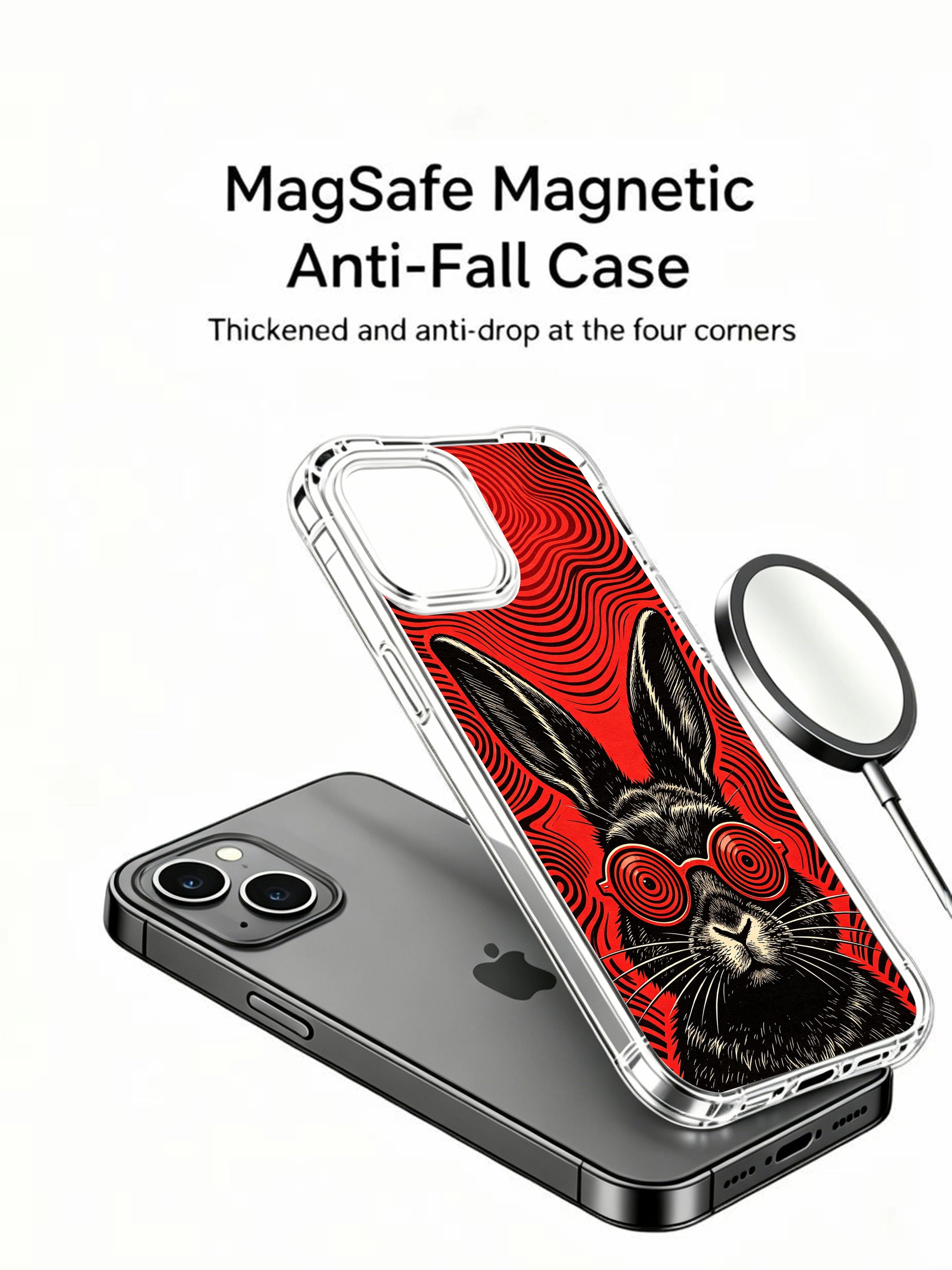 Trippy crimson swirl hypnotic background matching radio signal concept of Rufus Vale’s calm mysterious black rabbit on PhoneCasing iPhone 13 Case, premium fade-resistant printed art case from California factory.