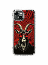 Crimson hypnotic swirl ripple backdrop echoing vintage rock aesthetic of Rufus Vale’s cool dangerous black goat on PhoneCasing iPhone 13 Case, exclusive limited collab gallery art cover manufactured in California.