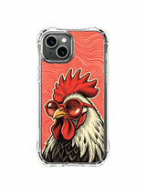 Rooster against crimson vocal waves artwork on an iPhone 13 case