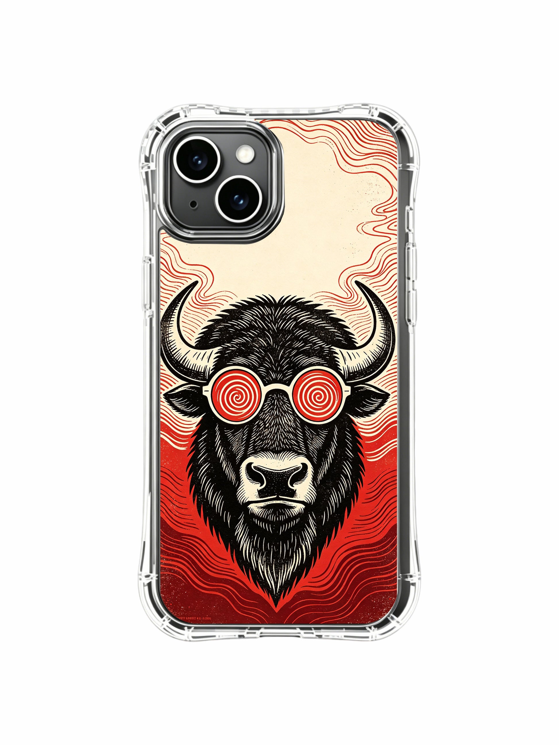 Crimson red ripple wave backdrop bison illustration decorates PhoneCasing iPhone 13 Case, exclusive Rufus Vale limited collab gallery art phone case made in USA.