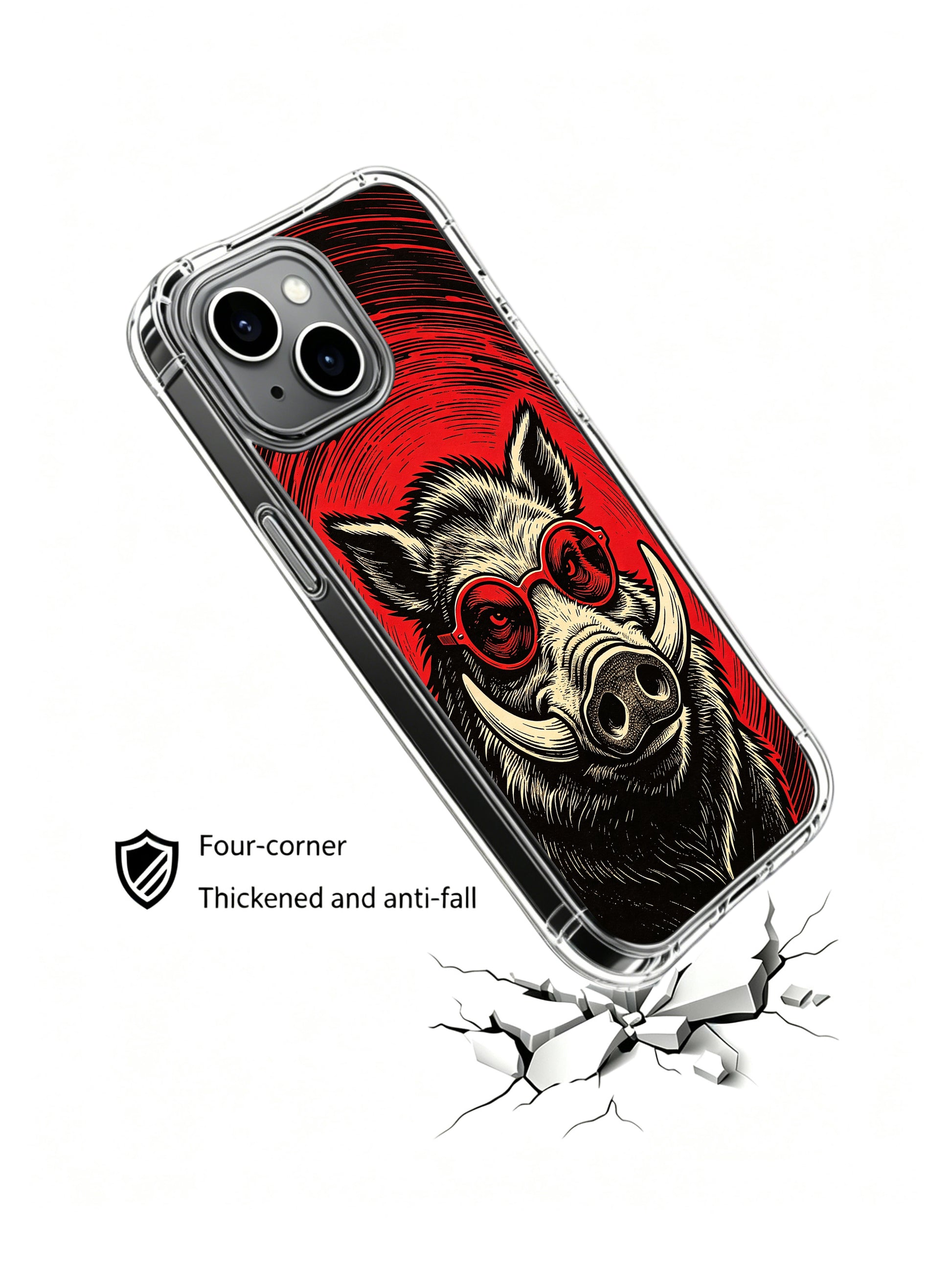 Tough stylish red lens wild boar original Rufus Vale woodcut drawing for PhoneCasing iPhone 13 Case, curated high-end art protective phone case crafted in California factory.