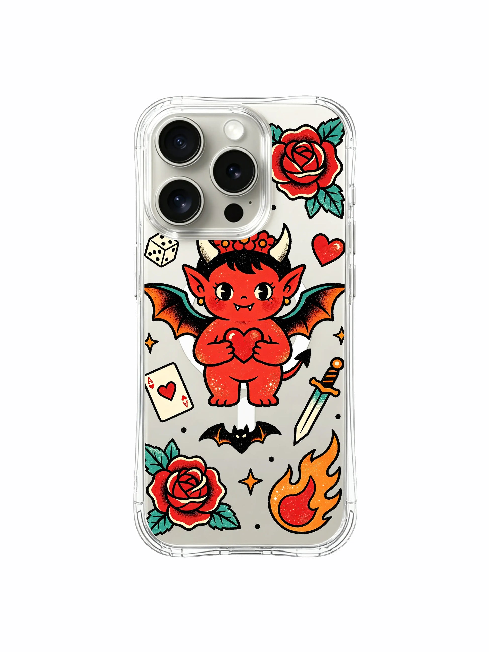 PhoneCasing iPhone 15 pro Case with two crossed vintage daggers around cute heart devil, limited-edition tattoo art phone casing ideal for holiday gifting.