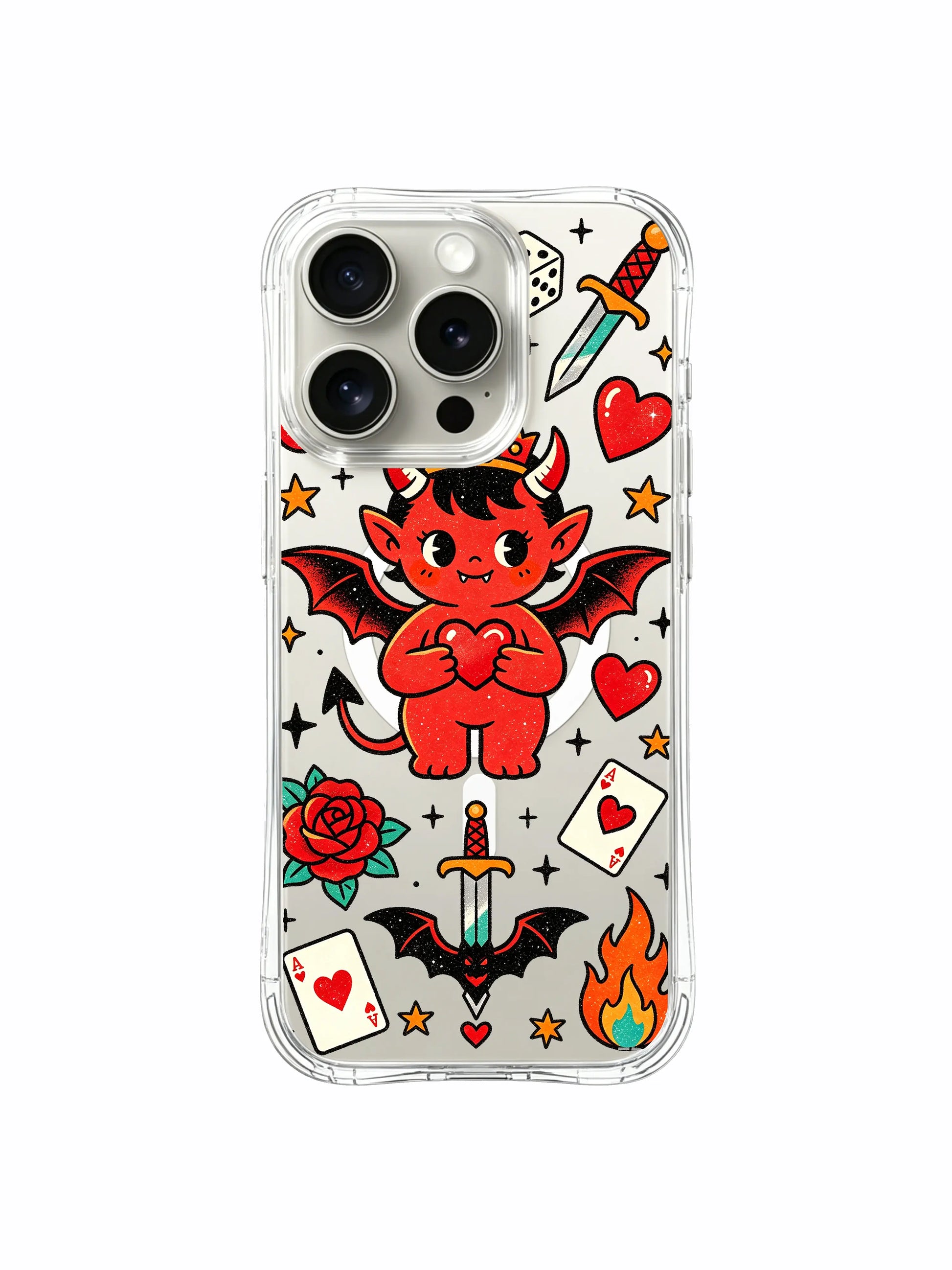 PhoneCasing iPhone 15 pro Case with two crossed vintage daggers around cute heart devil, limited-edition tattoo art phone casing ideal for holiday gifting.