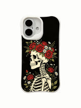 PhoneCasing crown bloom in darkness skeleton iPhone 16 Case, lush red roses and white daisies forming crown atop skeleton against dark base, UV-printed durable daily-use iPhone 16 casing