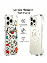 PhoneCasing iPhone 15 pro Case printed with flower-crowned defiant rabbit, offset lightning bolt accent, layered cherry fruits and shamrock decor, UV-printed artistic iPhone 15 pro casing ideal for free-spirit feminine gift shopping.