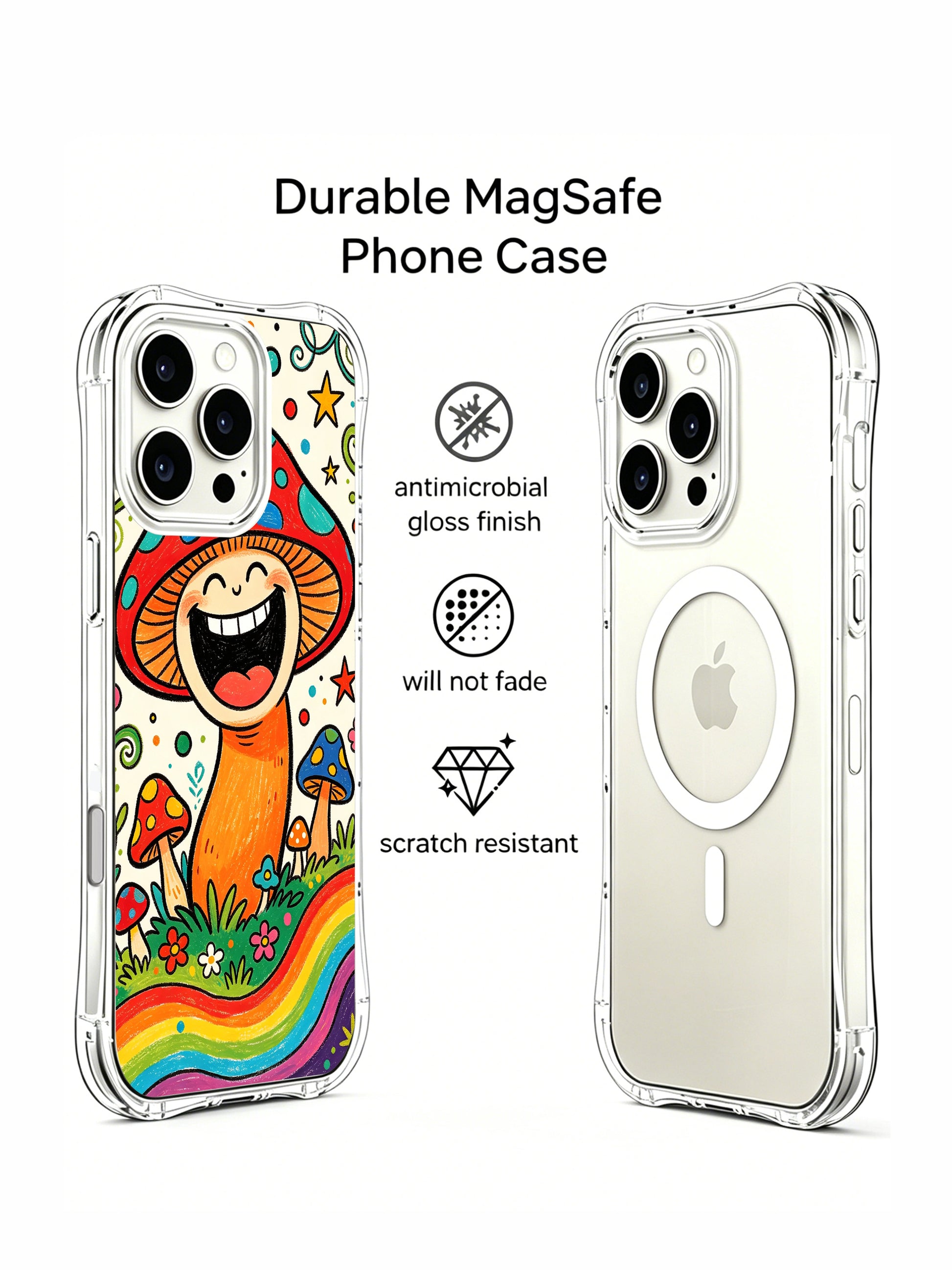 PhoneCasing iPhone 16 pro max Case, crown detail giggling mushroom king fine art casing by top illustrator Luna Moss, boho folk crayon artwork, collectible luxury wearable art casing USA manufactured