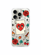 PhoneCasing iPhone 15 pro Case showcasing red heart ace card, crossbones skull, orange wildflower, cherry and vintage dagger print, UV-printed clear art iPhone 15 pro casing built at USA local factory.