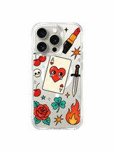 PhoneCasing iPhone 15 pro Case with black suit queen crying heart card, twin red roses, clover and fiery graphic detail, scratch-resistant luxury art iPhone 15 pro casing for daily smartphone protection.