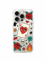 PhoneCasing iPhone 15 pro Case featuring Ruby Blackthorn old-school weeping heart queen card, red rose, cherry, lipstick, dagger and skull tattoo artwork, transparent wearable fine art iPhone 15 pro casing UV-printed in California.