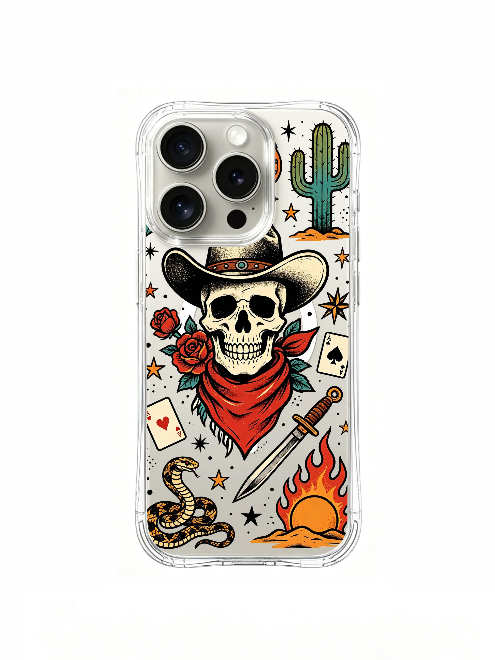 PhoneCasing iPhone 15 pro Case featuring Ruby Blackthorn old-school weeping heart queen playing card, red rose, lipstick, cherry and dagger tattoo art, transparent wearable fine art iPhone 15 pro casing made in California.