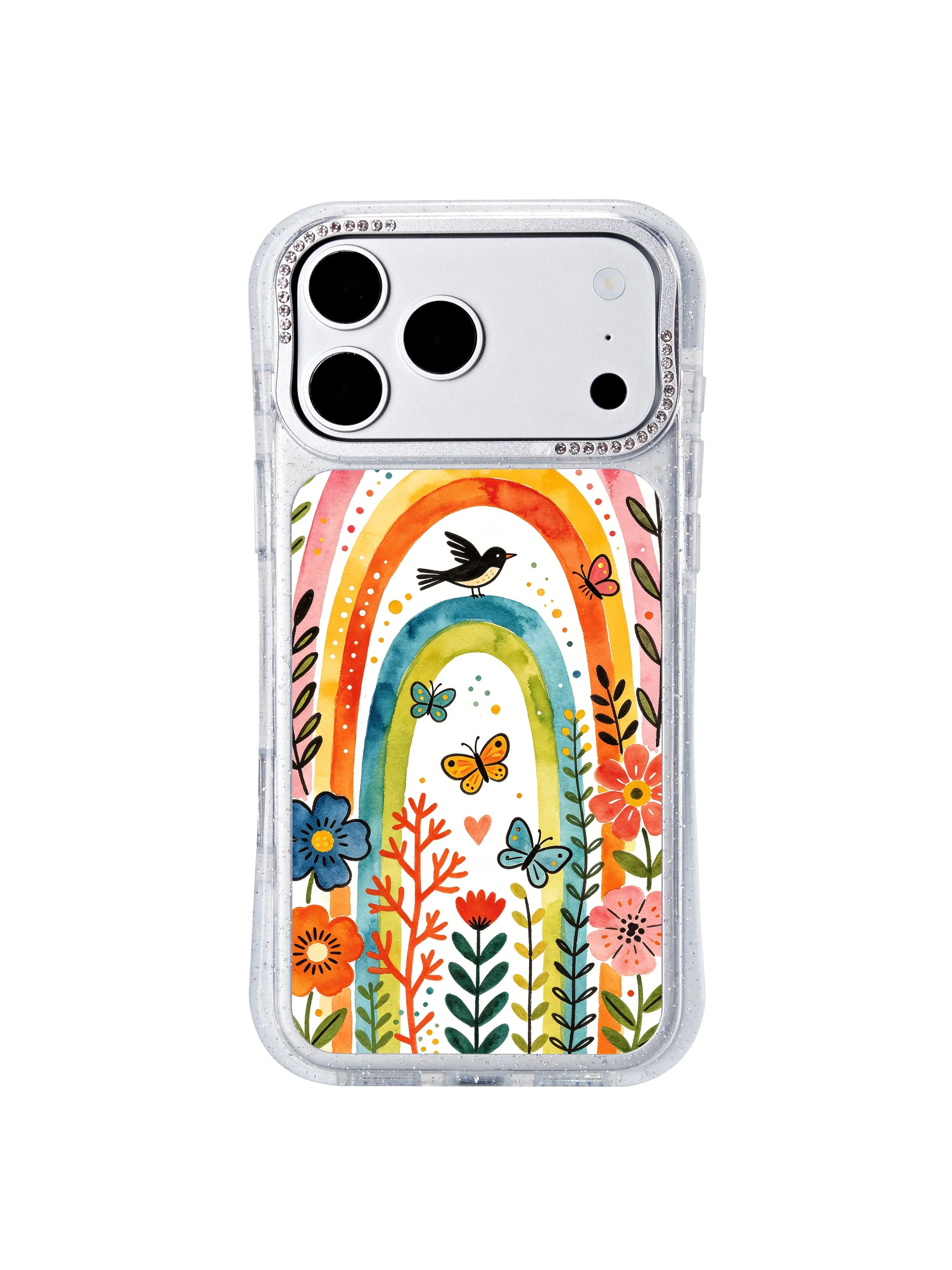 PhoneCasing sparkling crystal raised lens guard close-up, iphone 17 pro Max protective casing highlighting tiny glowing dot trails weaving through multi-layer rainbow arches, songbird perches and vivid floral watercolor details.