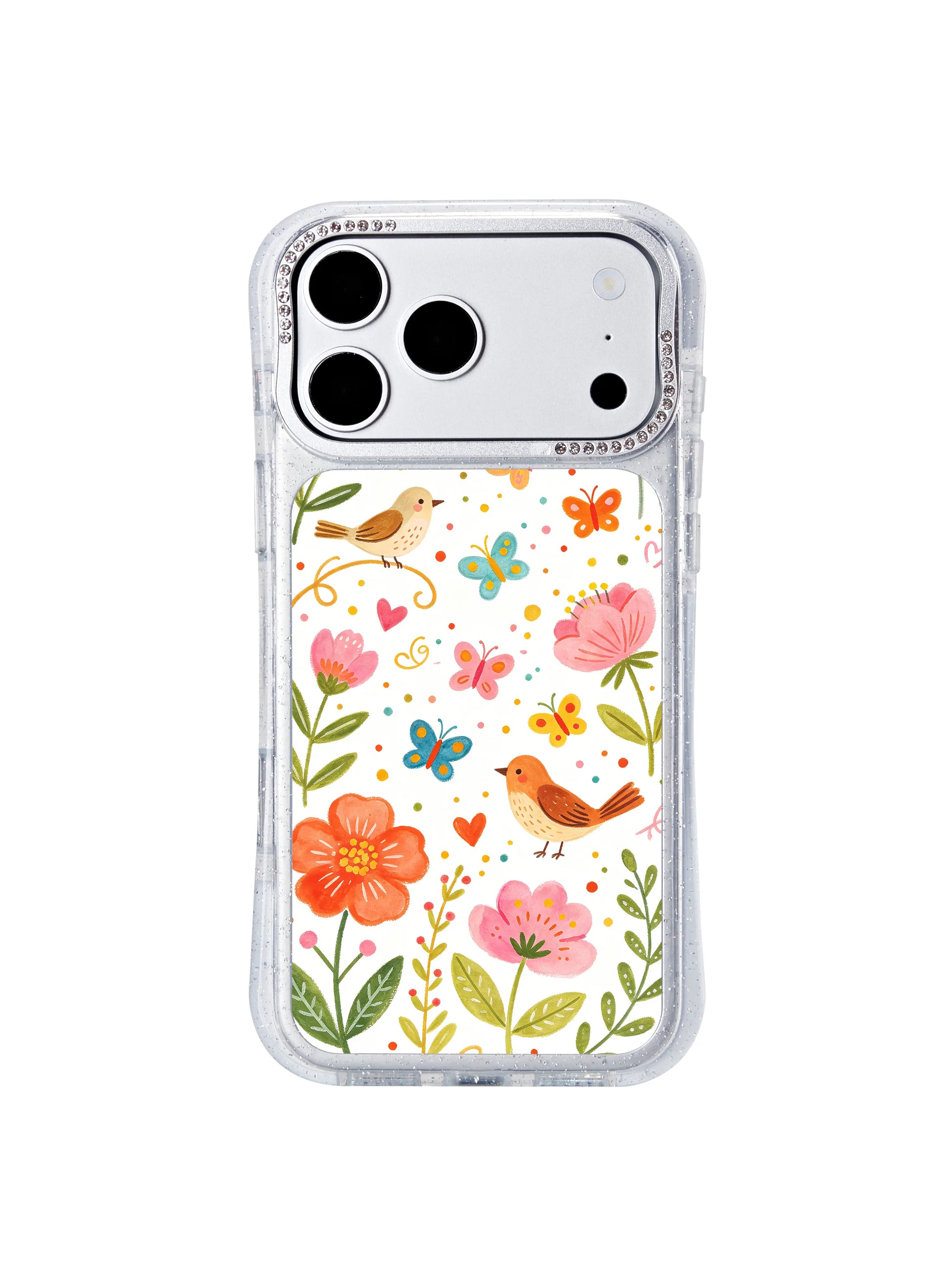 PhoneCasing bling crystal raised lens guard close-up, iphone 17 pro Max protective casing showcasing delicate multicolor confetti dotted trails winding through singing bird and butterfly watercolor graphics.