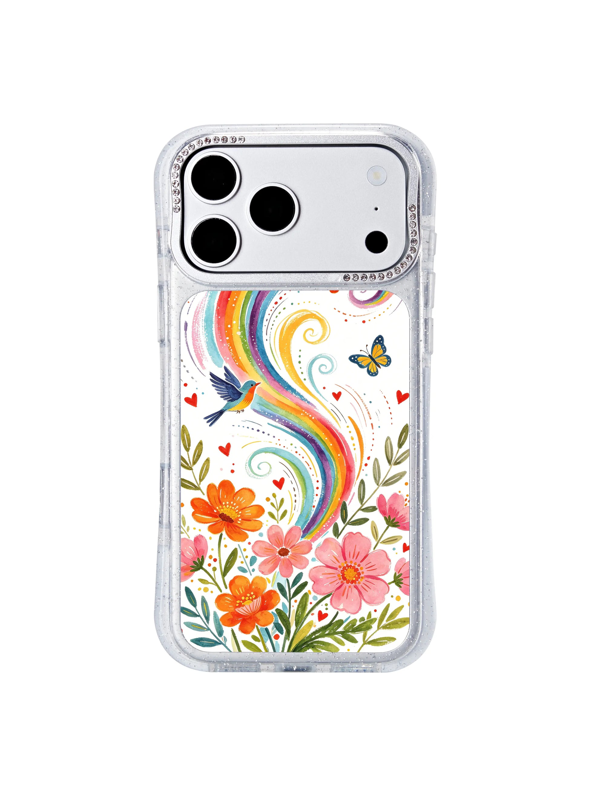 PhoneCasing bling crystal lens elevation close-up, iphone 17 pro Max protective casing featuring delicate dotted trails that follow the curved rainbow wind spiral shape.