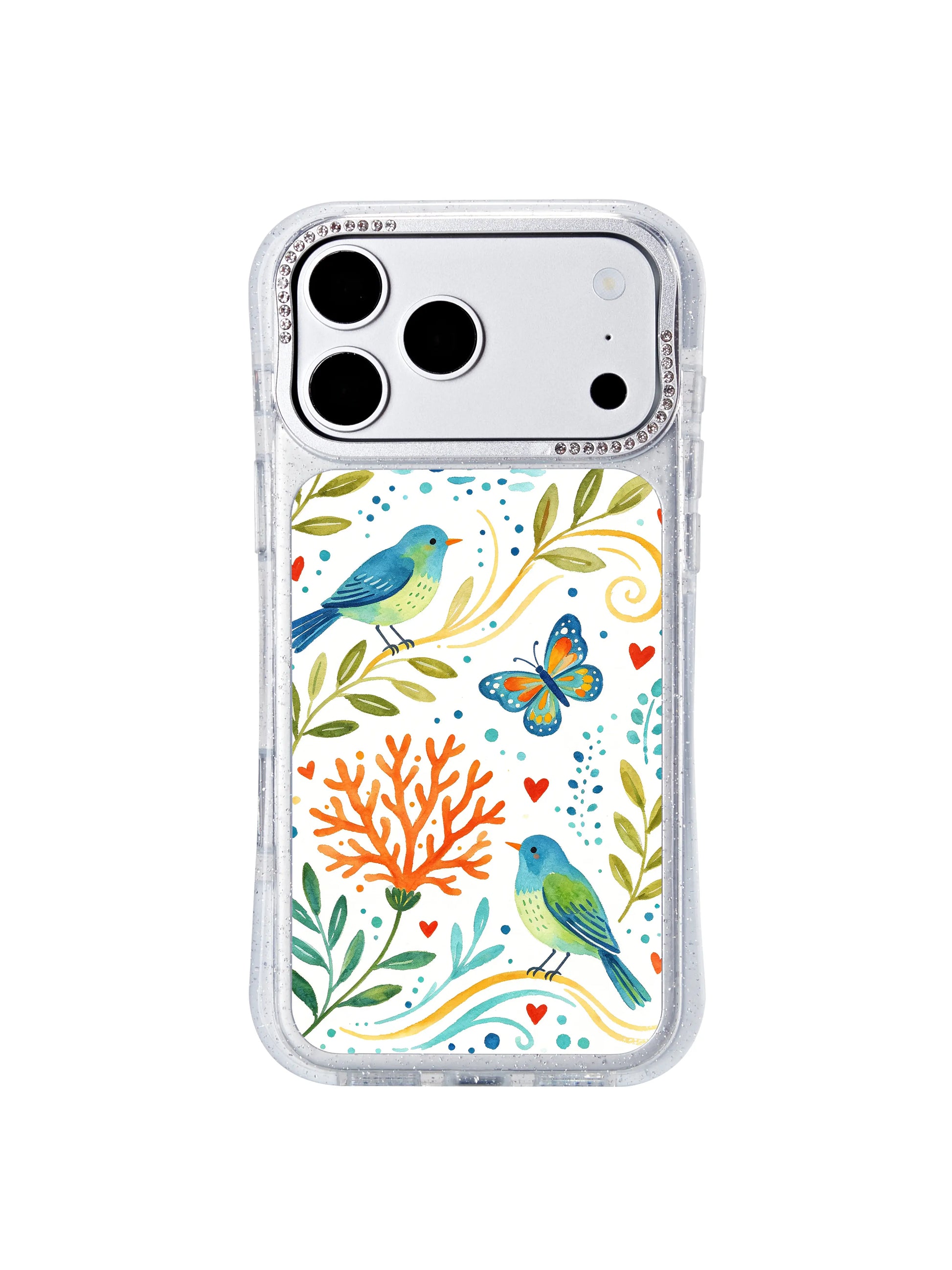 PhoneCasing bling crystal raised lens guard close-up, iphone 17 pro Max protective casing showcasing delicate ocean wave dotted trails winding through coastal bird and butterfly illustrations.