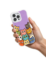 PhoneCasing iPhone 16 pro max anti-yellowing case with Mimi Colorfield art, colorful cats on a vibrant purple background.