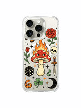PhoneCasing iPhone 15 pro Case cute winking crescent moon, one six-sided dice, scattered stars and small skull next to fiery divination mushroom, rugged daily-use iPhone 15 pro casing.