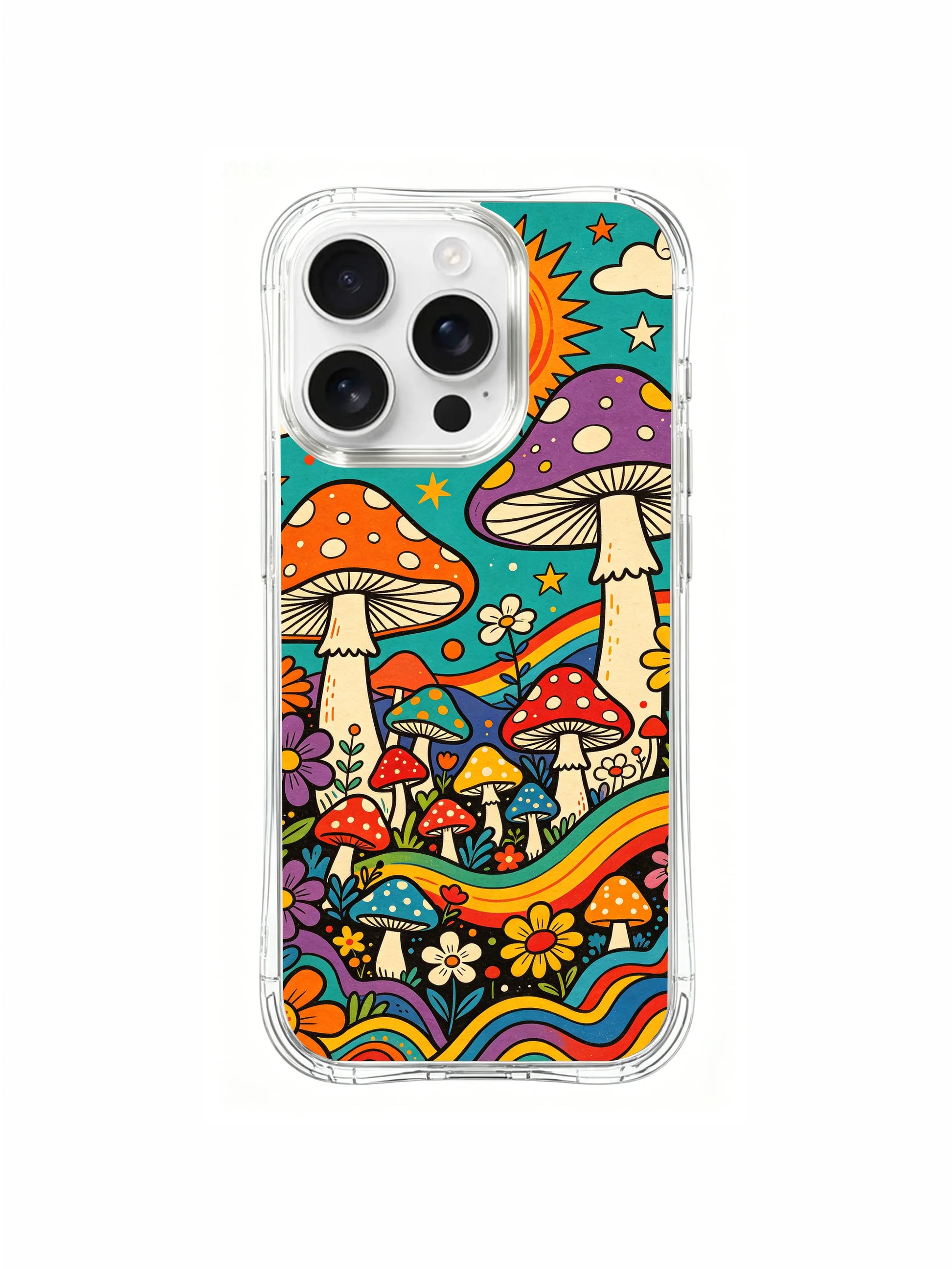 PhoneCasing iPhone 16 pro max Case, original illustrated fine art casing with rainbow ridges wrapping the base of clustered woodland mushrooms & blooming wildflowers, USA factory produced premium casing