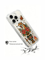 PhoneCasing iPhone 15 pro Case with long curved tiger tail, offset single dagger, bottom occult eye, two fiery skulls and tropical palm leaves, slim anti-yellowing iPhone 15 pro casing with free US domestic shipping.