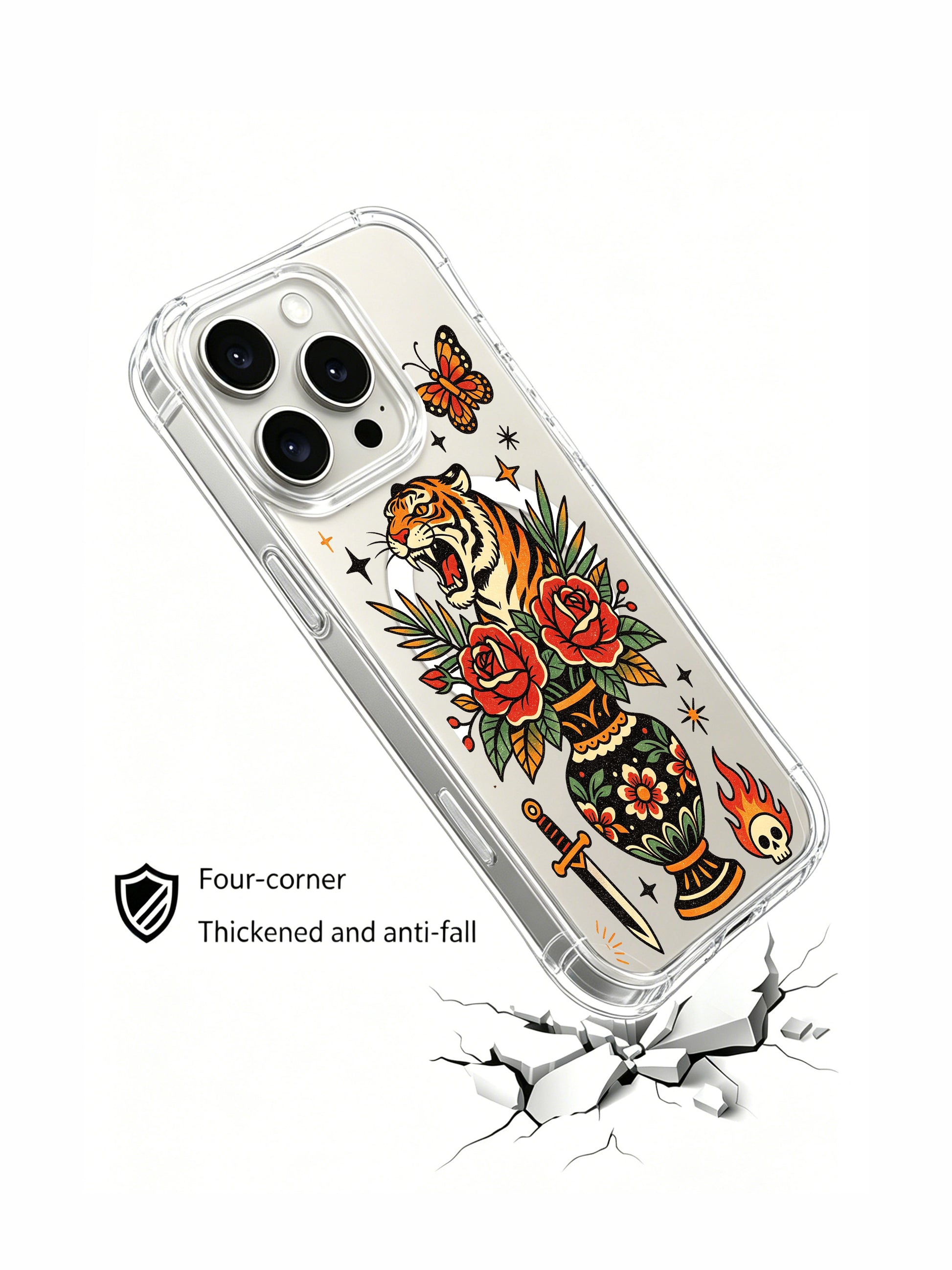 PhoneCasing iPhone 15 pro Case with long curved tiger tail, offset single dagger, bottom occult eye, two fiery skulls and tropical palm leaves, slim anti-yellowing iPhone 15 pro casing with free US domestic shipping.
