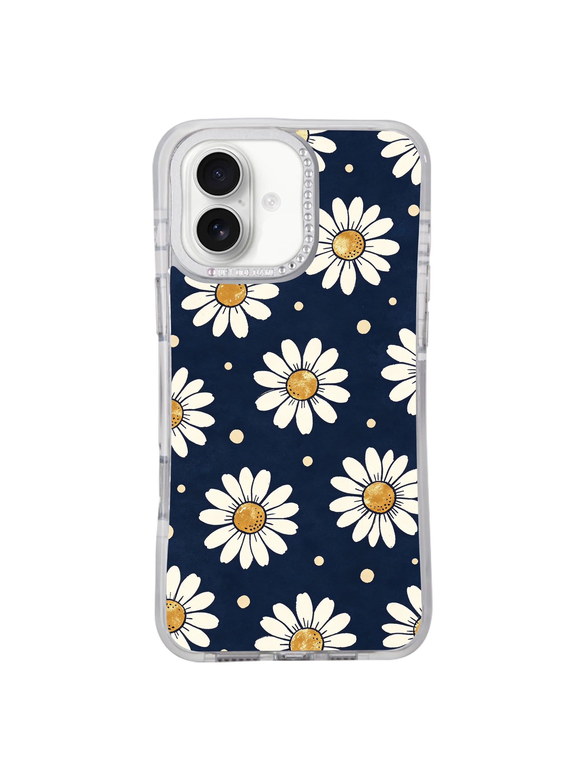 PhoneCasing customizable fine art iPhone 17 casing Midnight Daisy Drift hand-drawn by Solea Meadow, dreamy floating night daisy print, bespoke personalized casing option fully manufactured in California USA.