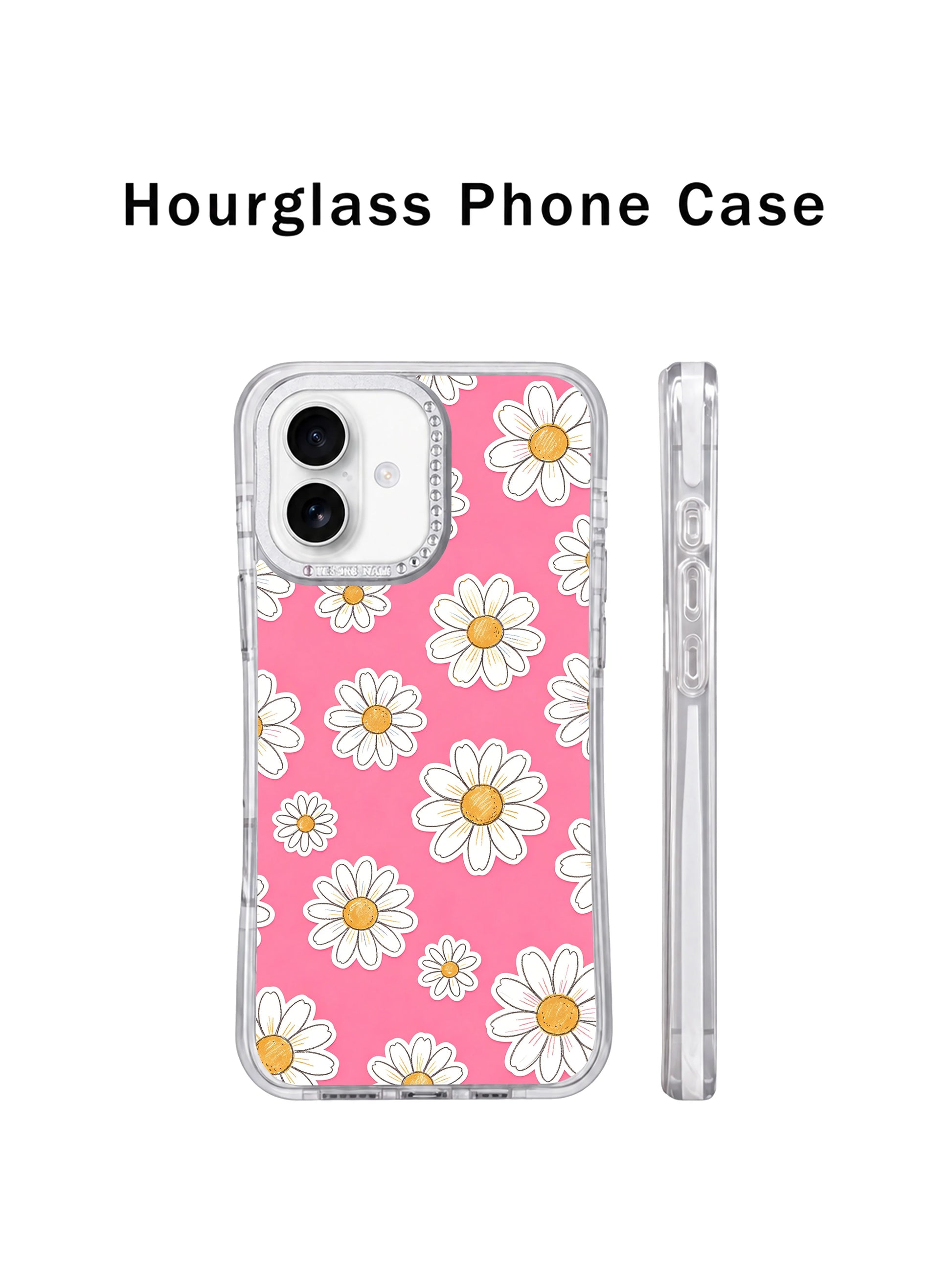 PhoneCasing customizable cheerful fine art iPhone 17 casing Pink Joy Daisy Field hand-drawn by Solea Meadow, bright summer pink daisy field print, bespoke personalized casing option fully manufactured in California domestic factory.
