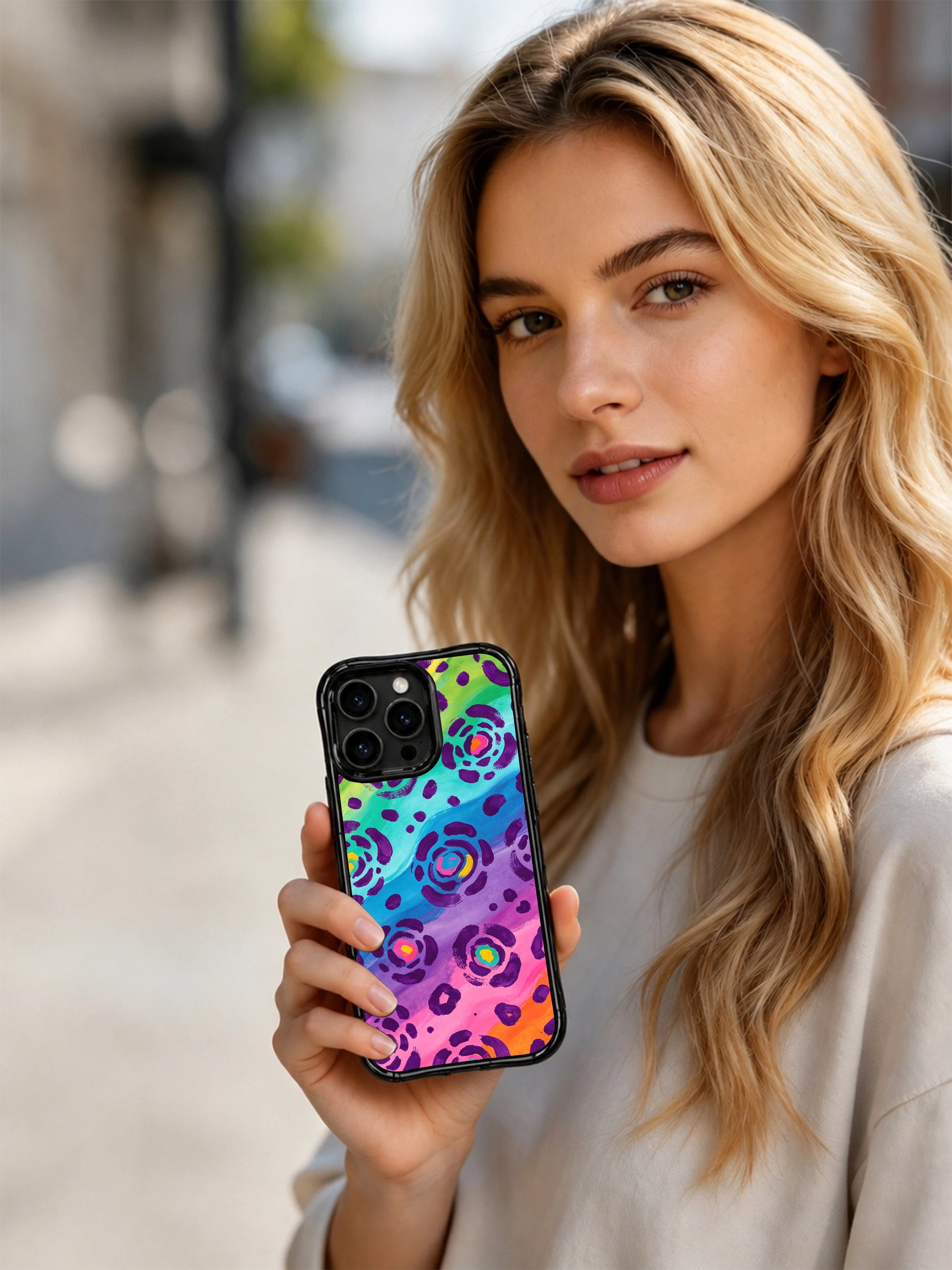 Cute aesthetic rainbow leopard iPhone 14 Pro Case by PhoneCasing, bright playful gradient with soft hand-drawn spots, perfect statement accessory for women’s daily style