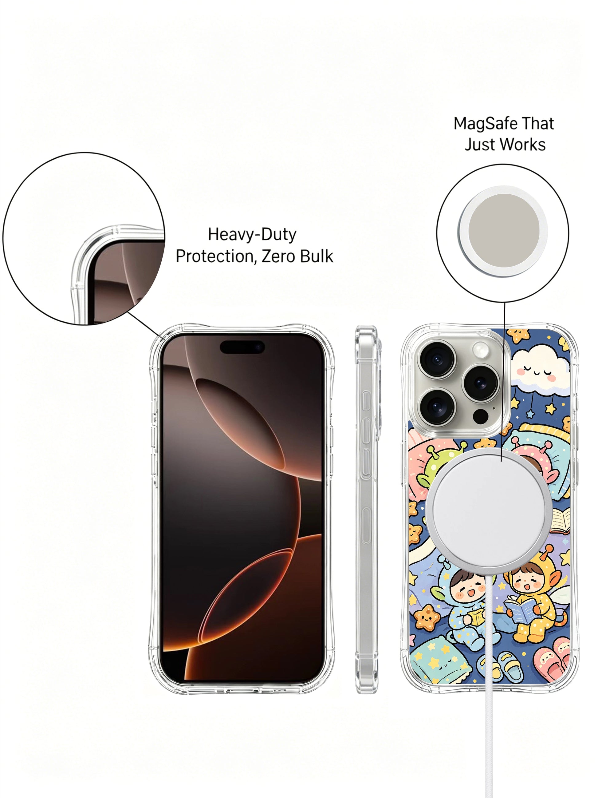 PhoneCasing iPhone 16 pro Case with cute alien bedtime story illustration, part of Milo Yun’s Happy Little Worlds collection, high-quality art casing.